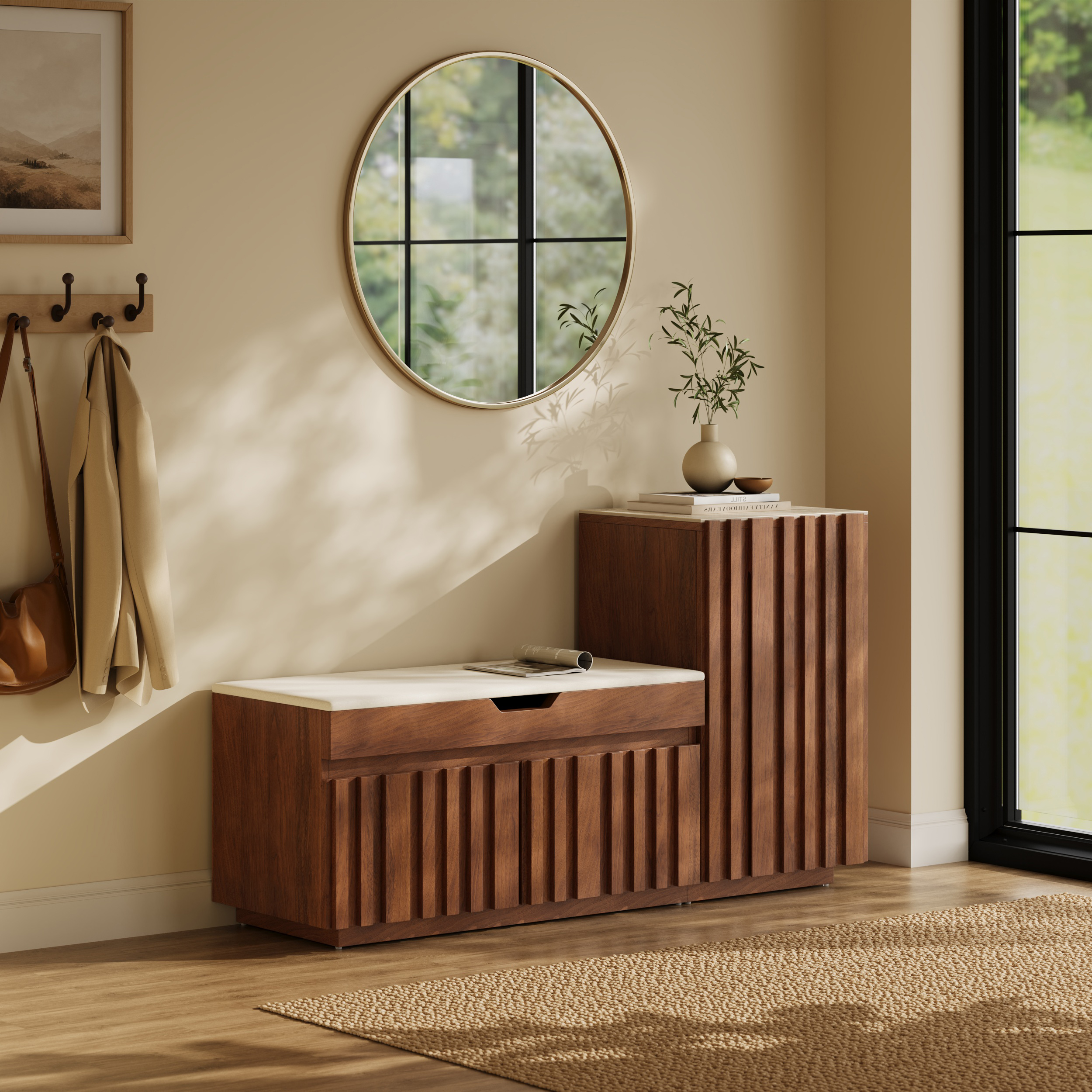 Banc de rangement à chaussures Aura 47" en bois de noyer avec armoire sur le côté droit pour entrée