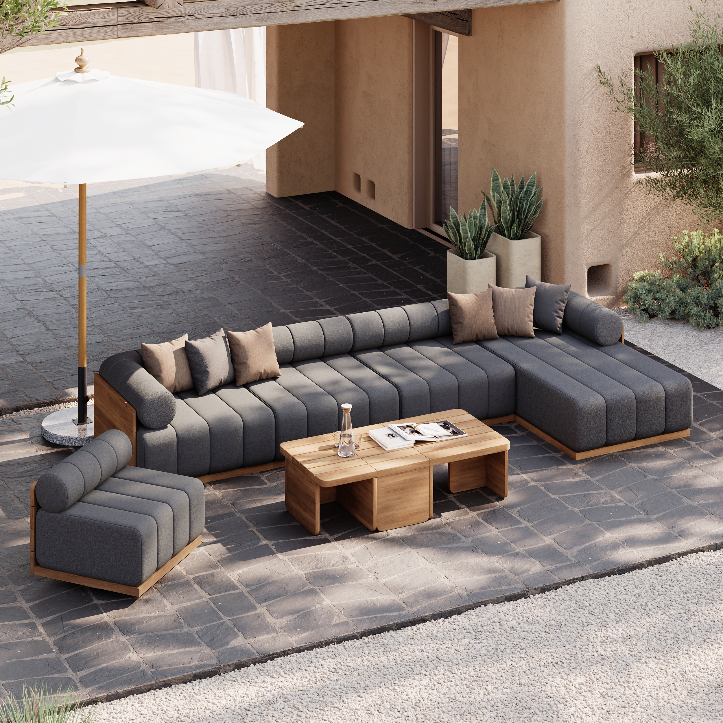 Conjunto de sofá modular de teca natural para exteriores de 8 piezas Resaro con diseño acanalado en gris