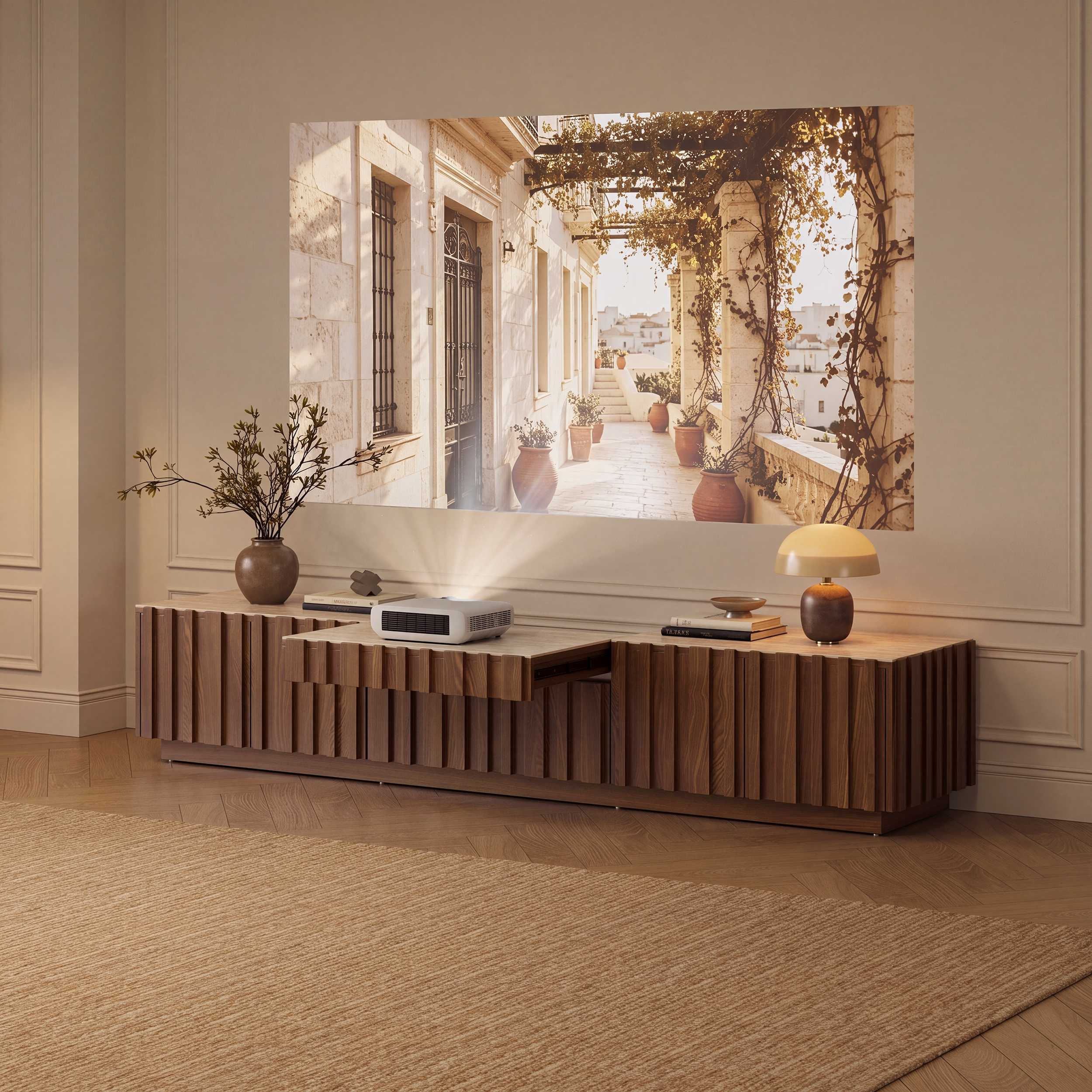Mueble para TV de madera de fresno Aura 80" con diseño estriado en color nogal y cubierta de piedra sinterizada