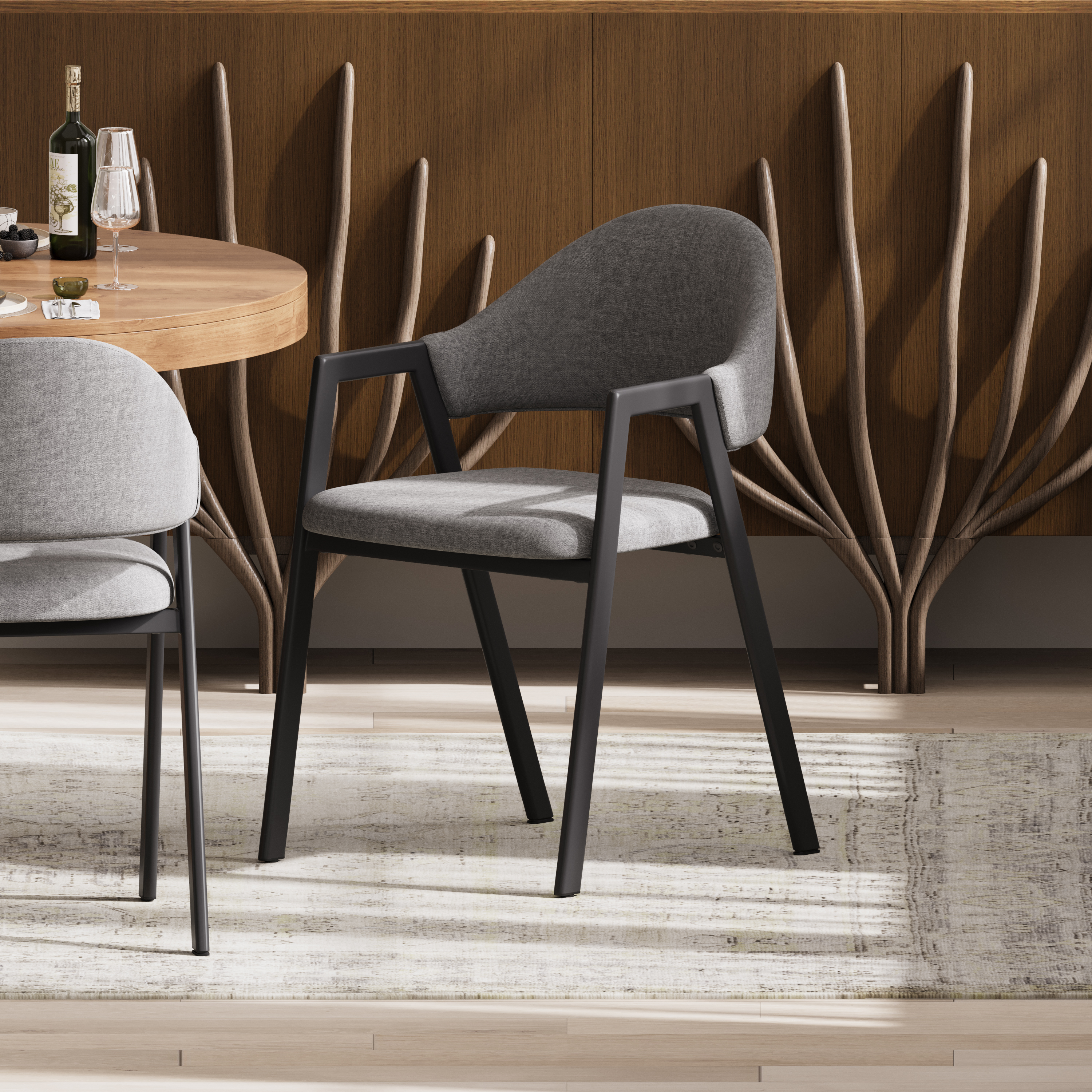 Juego de 2 sillas de comedor de lino tapizadas con respaldo curvo, modernas sillas de comedor grises