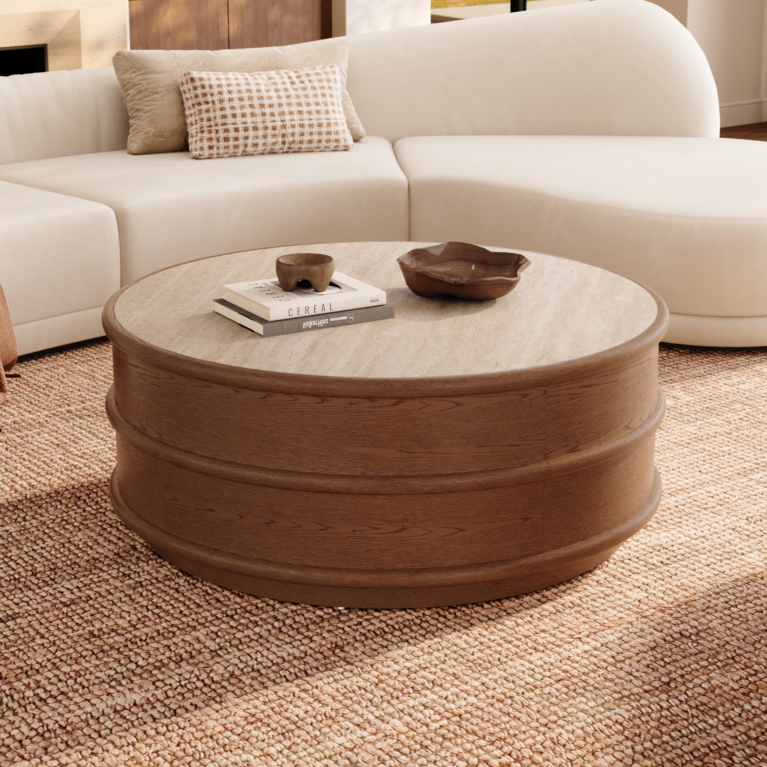 36-inch Ash Wood Round Coffee Table with Sintered Stone Top