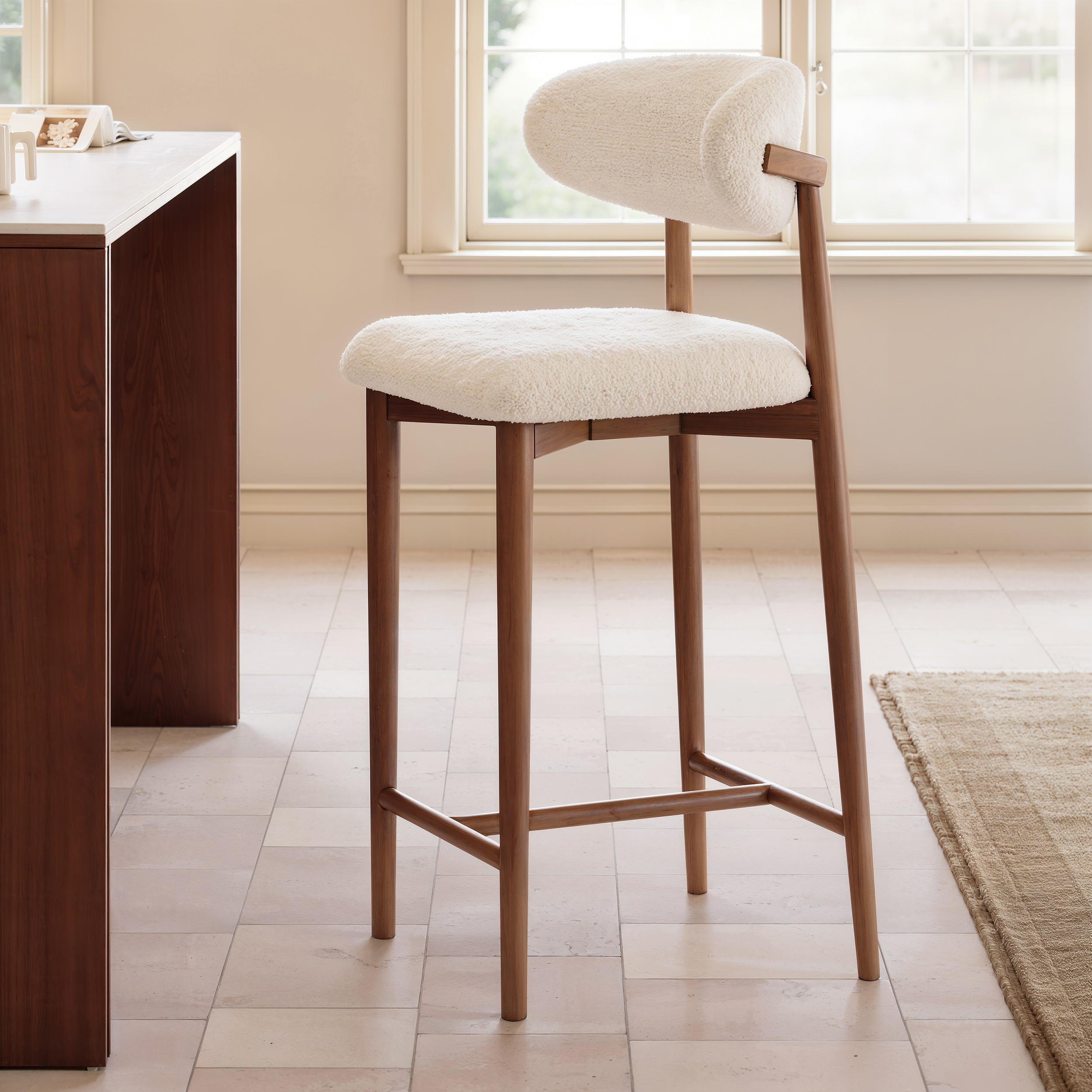 Tabouret de bar moderne en noyer bouclé, 1 pièce