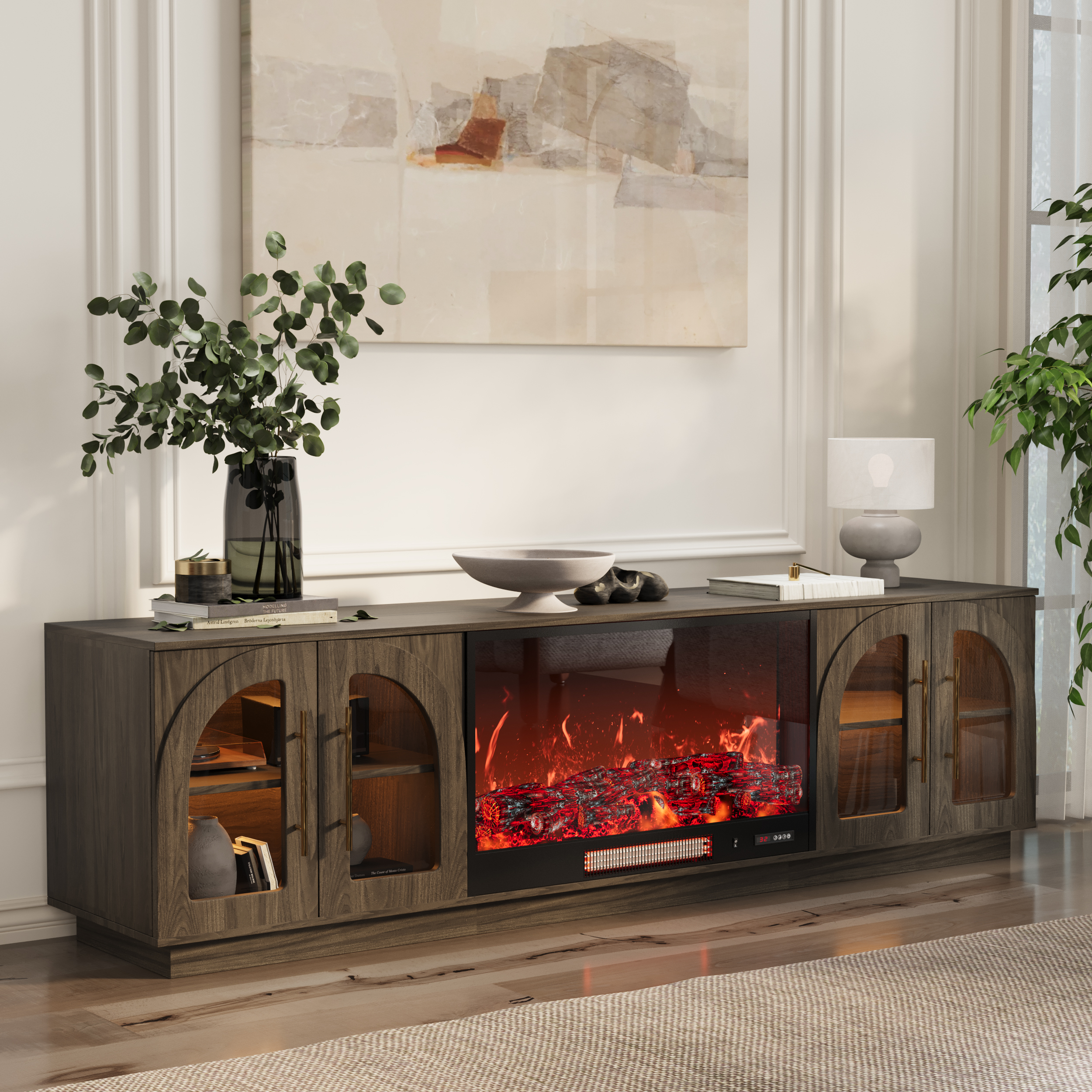 Arune 80" Arched Glass Doors Electric Fireplace TV Stand with Remote Control
