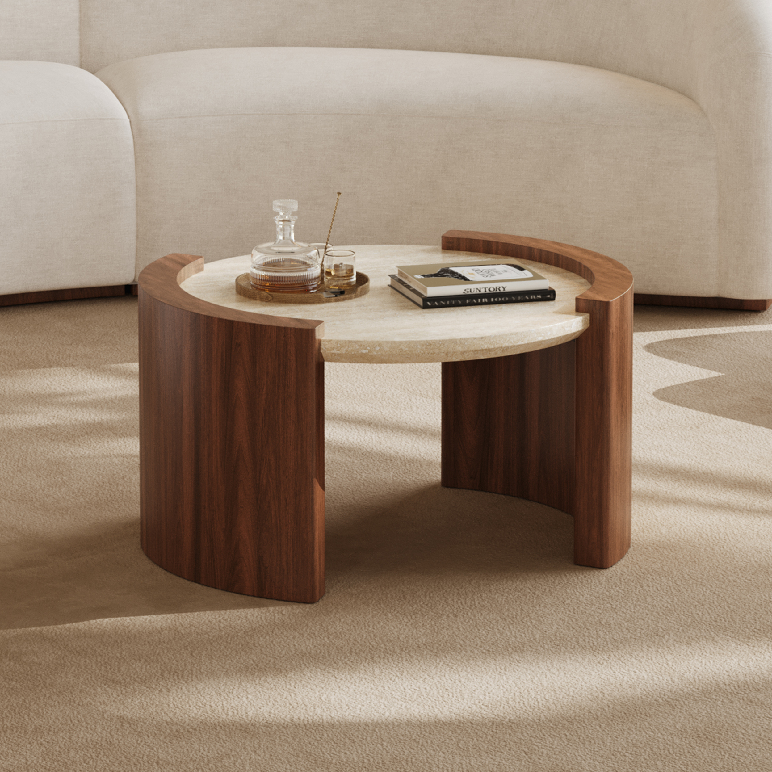 Table basse ronde en noyer de 28 pouces avec plateau en travertin
