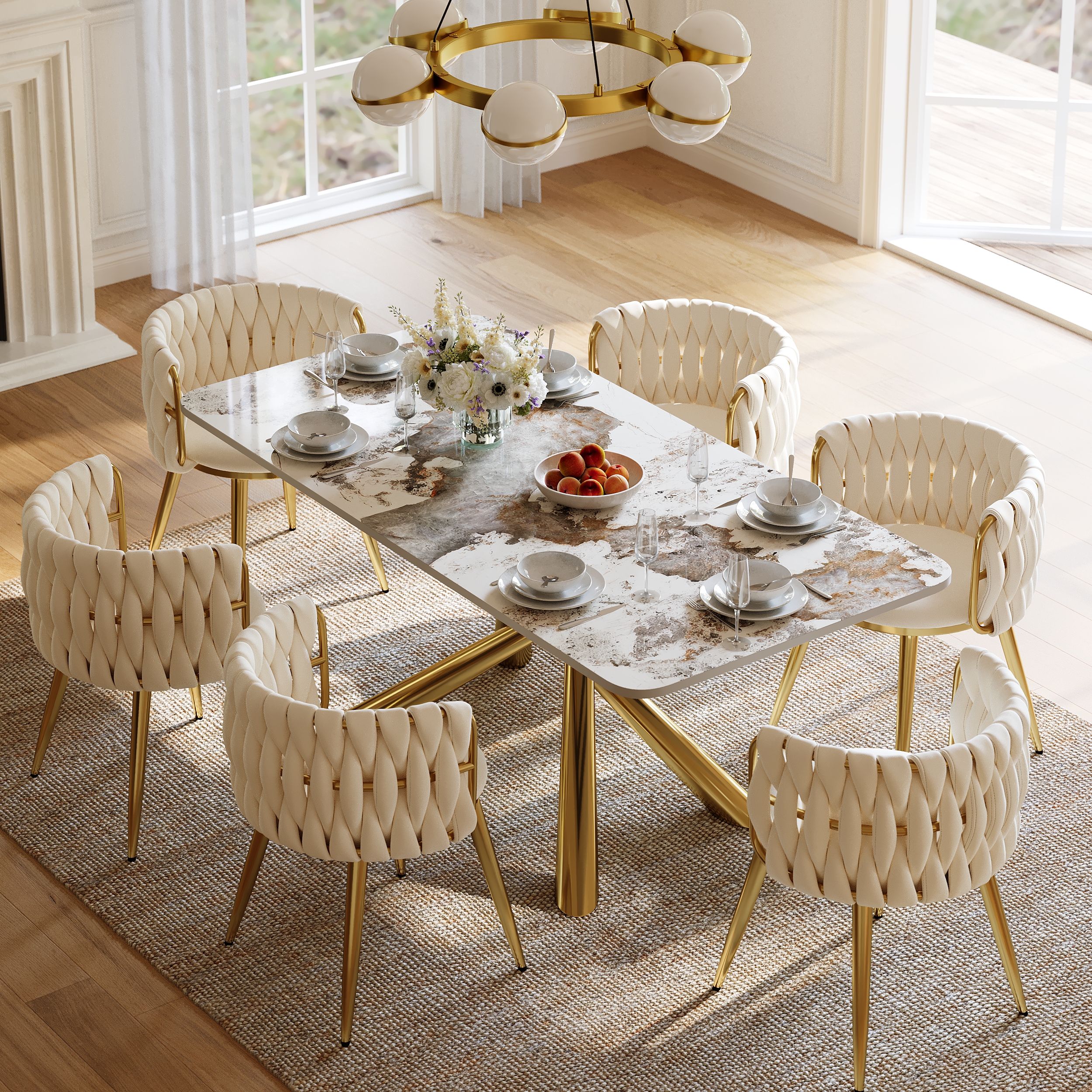 Ensemble de salle à manger 200 cm Table à manger rectangulaire Pandora en pierre frittée brillante avec 6 chaises