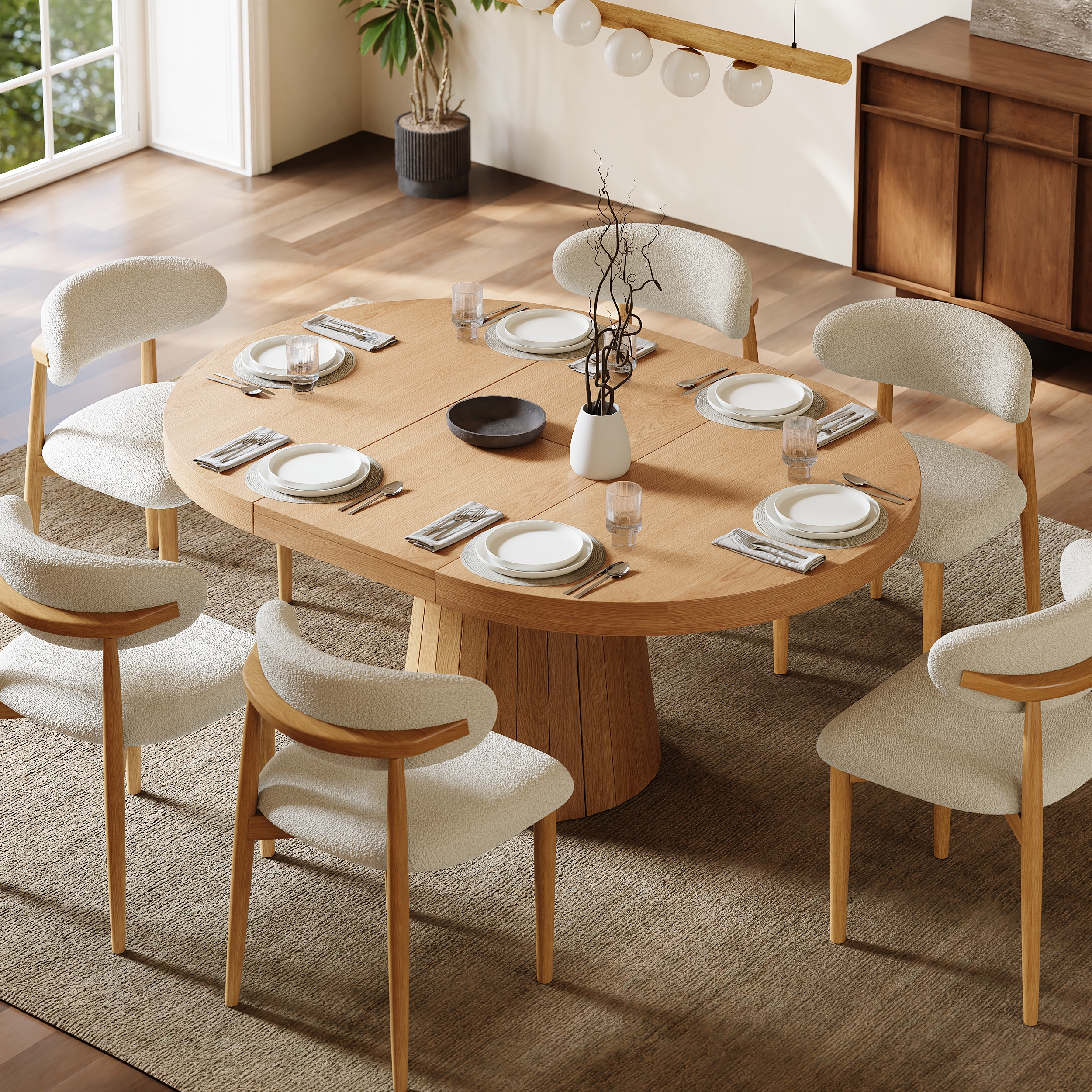 39"-55" Oval & Round Dining Table Extendable Solid Wood for 6 Japandi Whitewash Kitchen Table