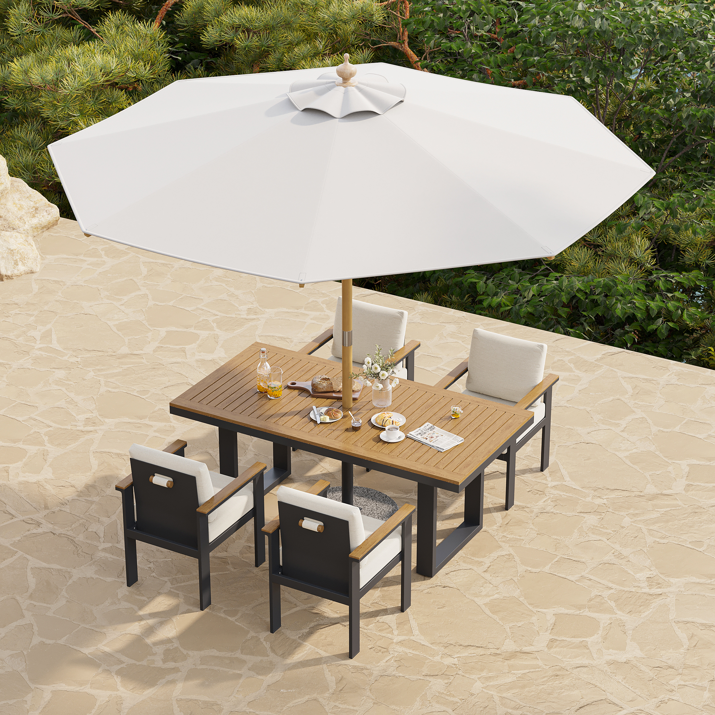 Tevara 6 Pieces Rectangle Wood & Aluminum Outdoor Dining Set with Pillar Umbrella