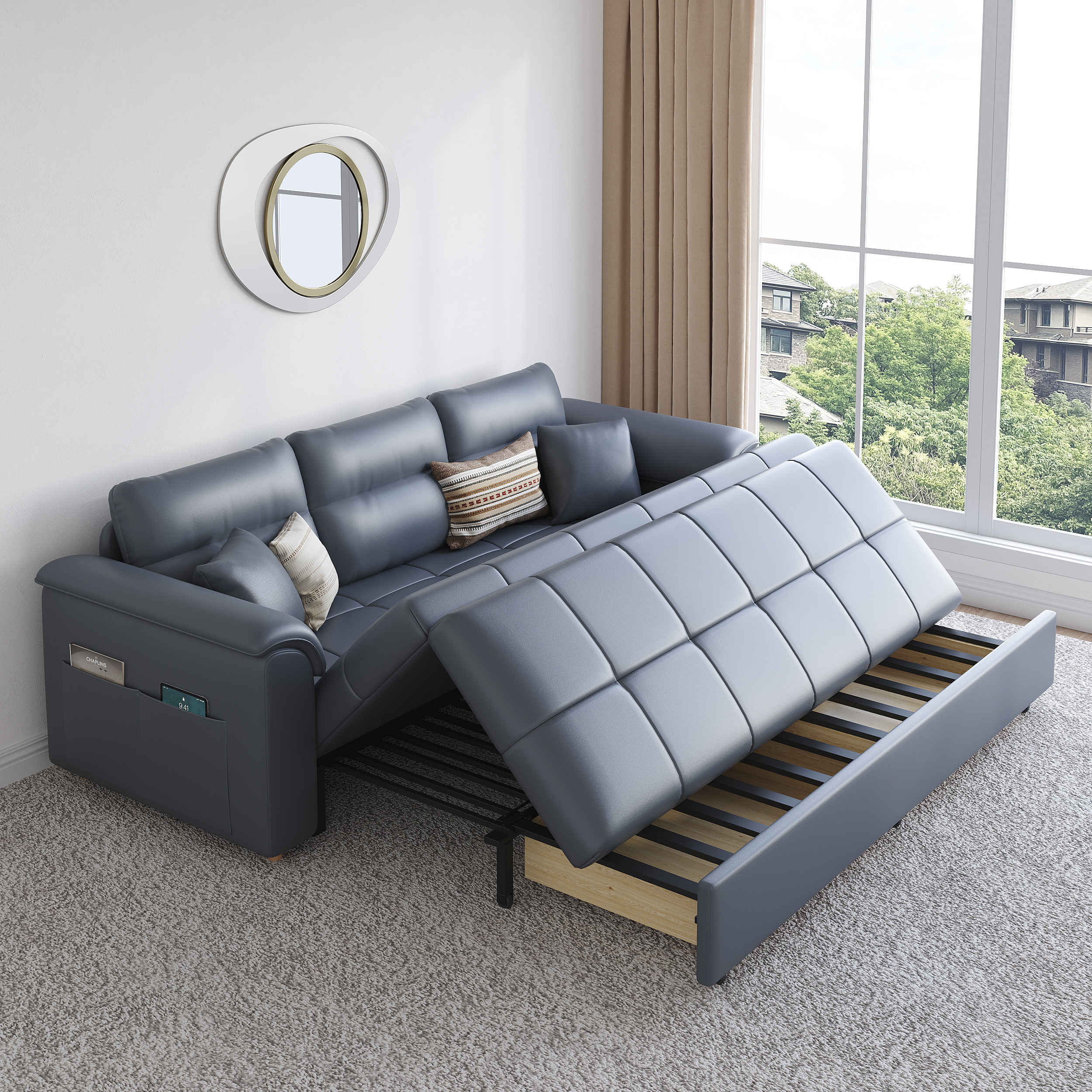Sofá cama extraíble de piel sintética King de 233 cm con almacenamiento y bolsillos laterales