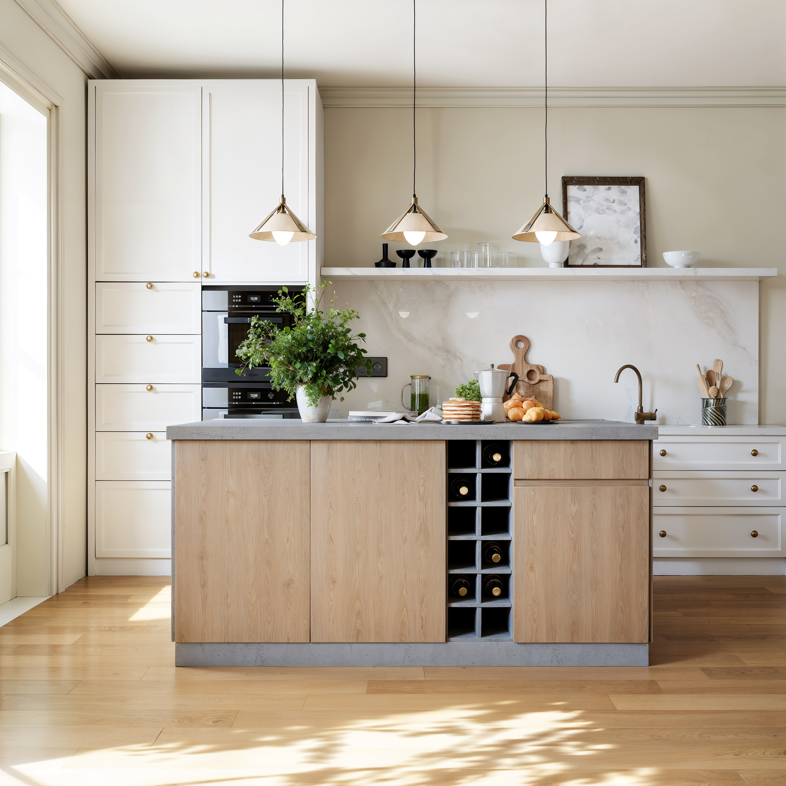 72" Japandi Gray Wood Kitchen Island with Multi-Storage and LED Light