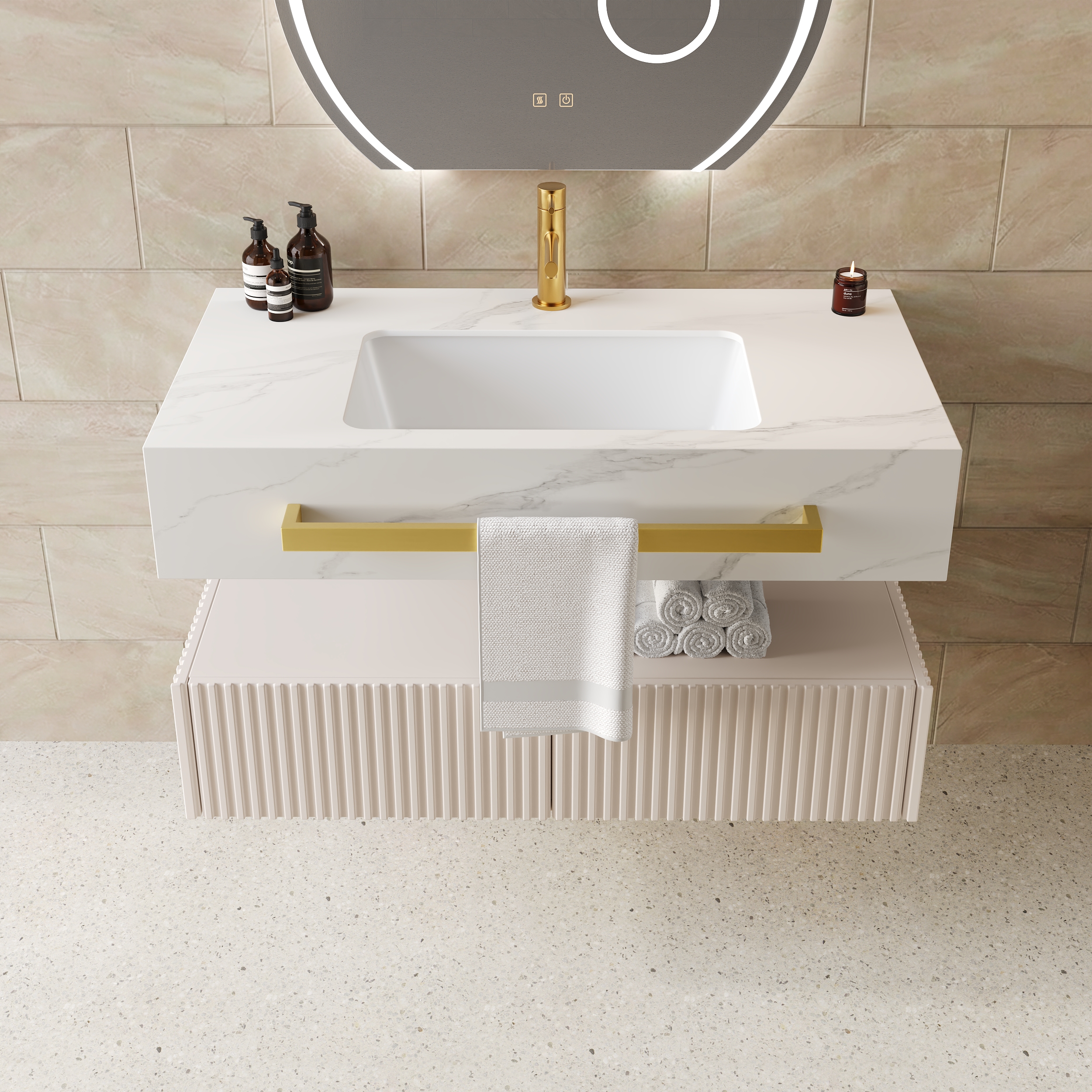 Mueble de baño flotante de 91,4 cm con doble lavabo, encimera de piedra sinterizada, toallero dorado