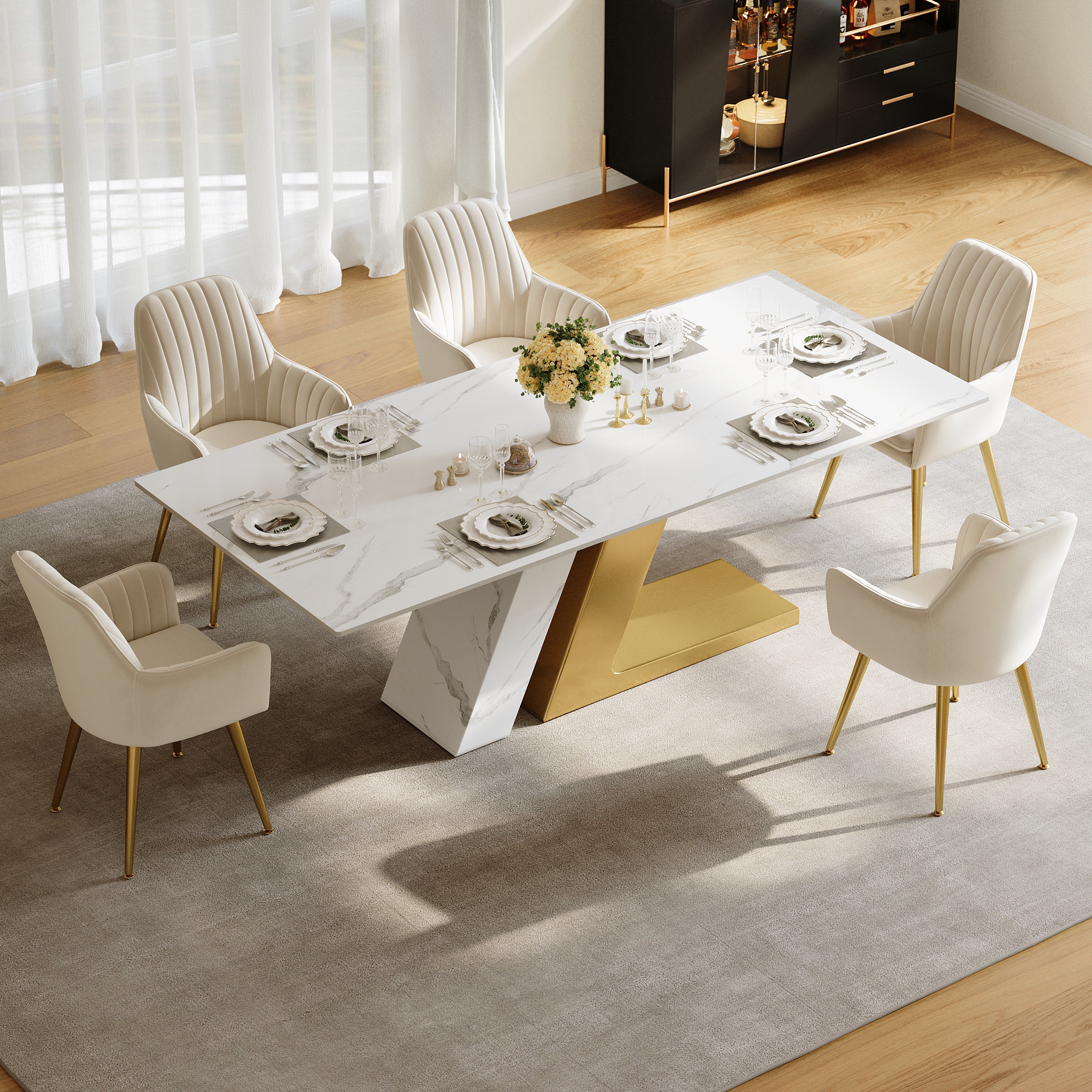 Dining Set 79" Modern Rectangle Sintered Stone Dining Table with 6 Chairs