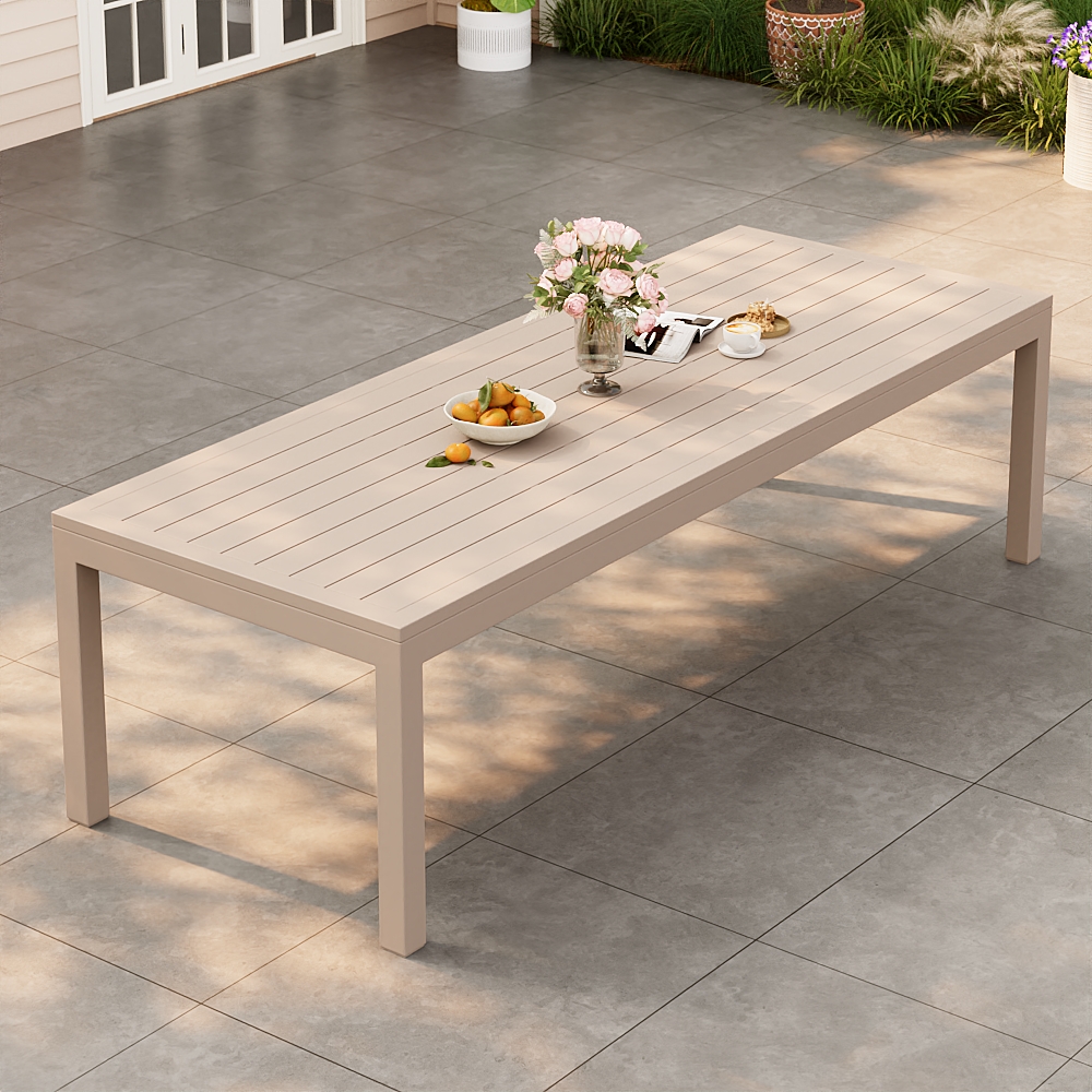 Wevara 104" Sand-Finished Aluminum Slatted Outdoor Dining Table in Sand