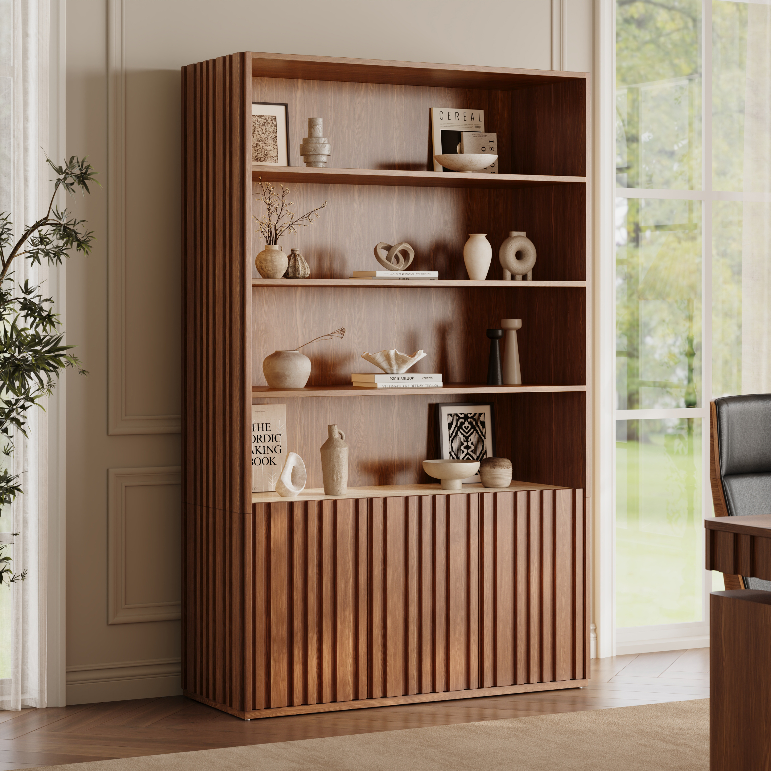 Bibliothèque Aura 47" en bois de frêne cannelé noyer avec plateau en pierre frittée