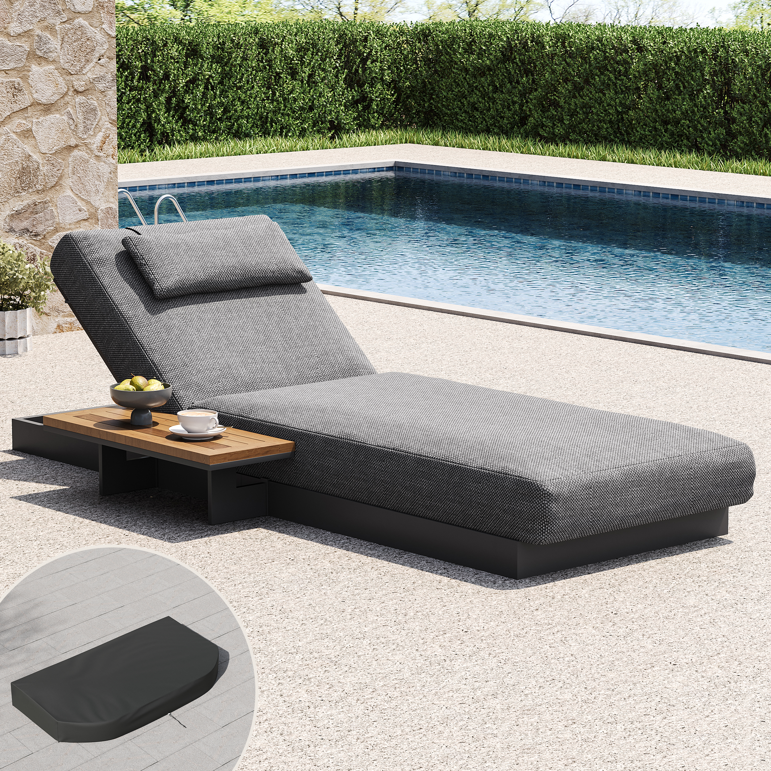Tumbona individual ajustable Tevara de teca y aluminio para exteriores con funda negra