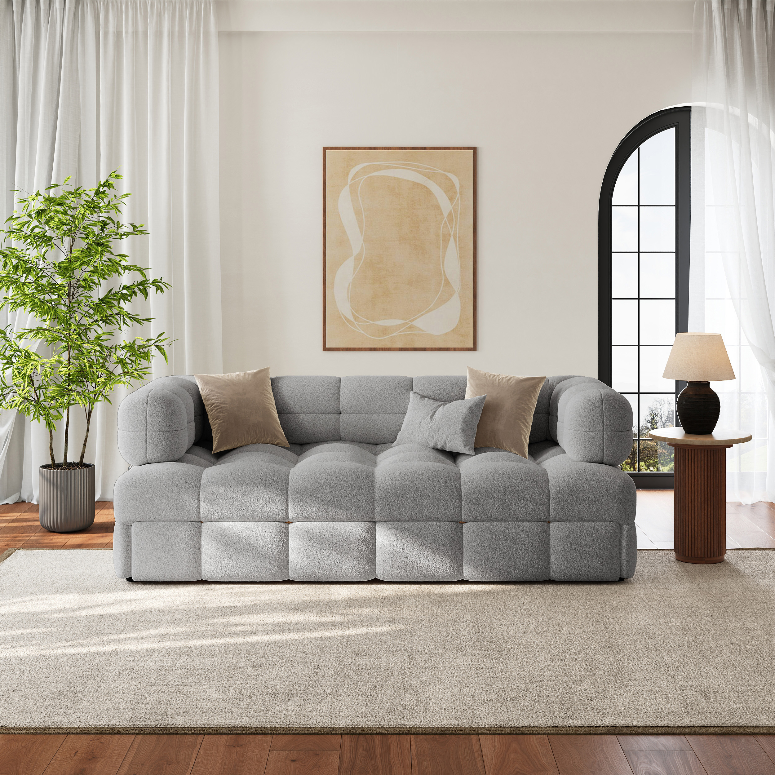Taille Du Canapé-lit:167 cm 2 Places | Tissu & Couleur:Bouclé Gris Clair