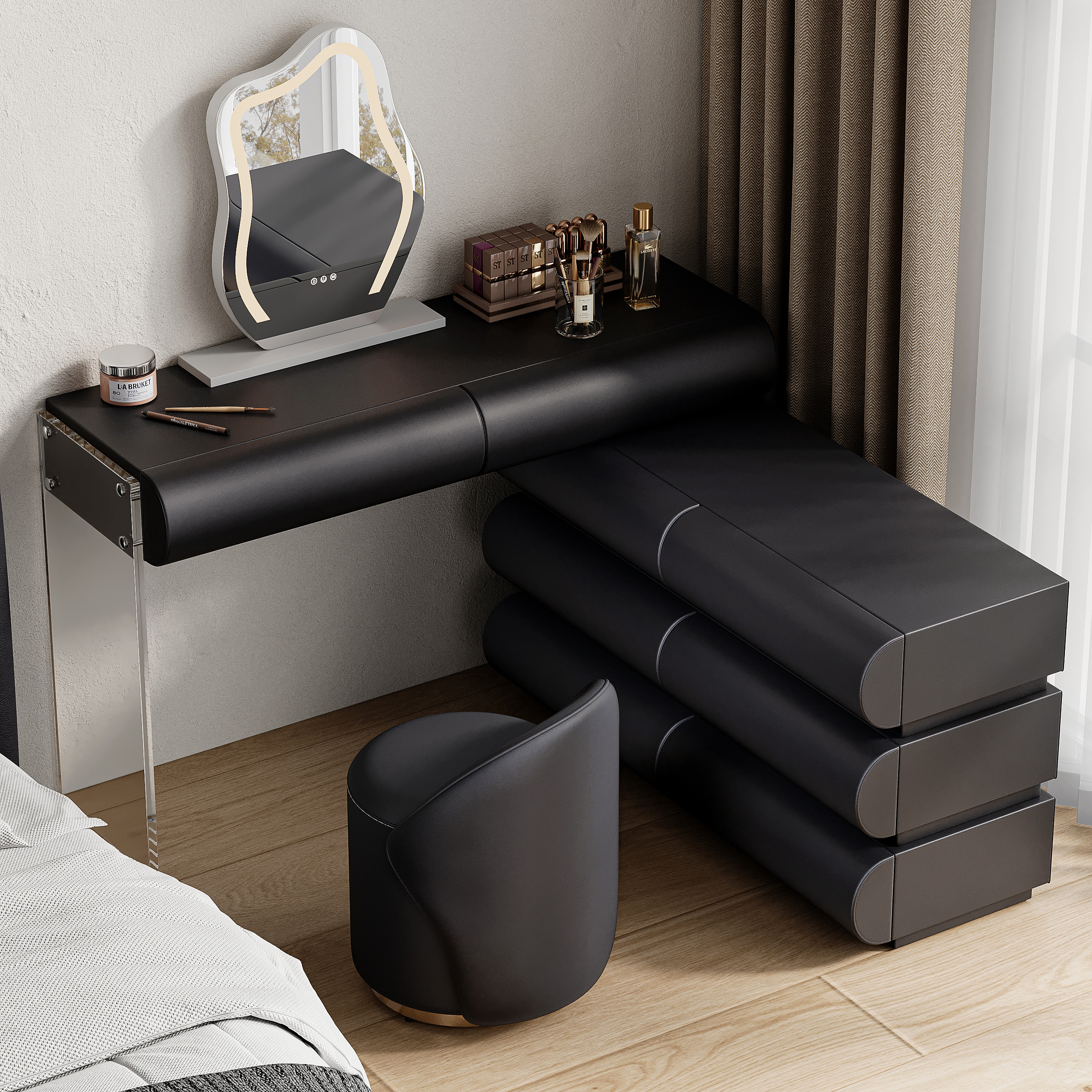Humply Black Extendable Leather Makeup Vanity Set with Mirror (48"-83")
