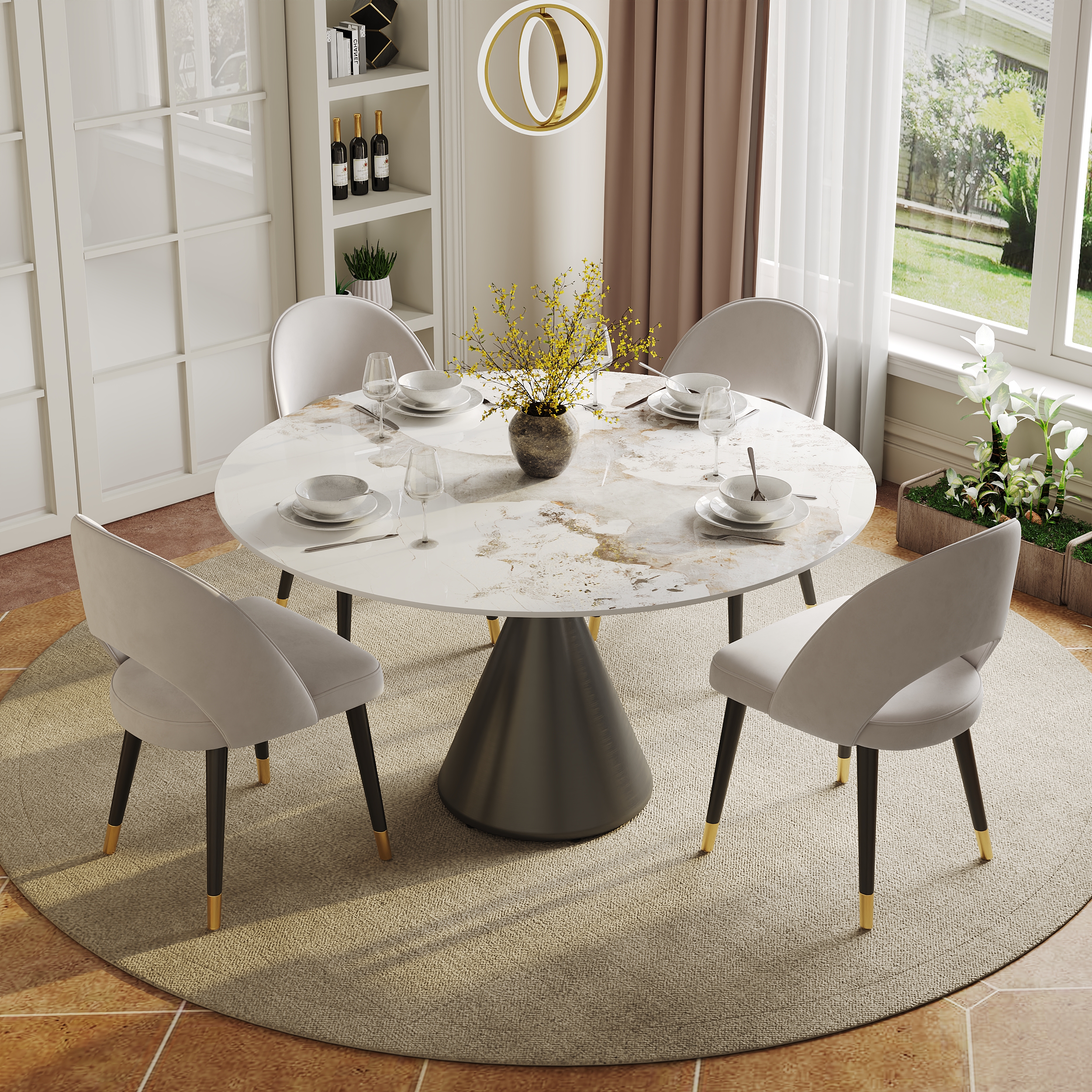 Mesa de comedor moderna redonda de 120 cm de piedra sinterizada brillante con base de pedestal negra, para 4 personas