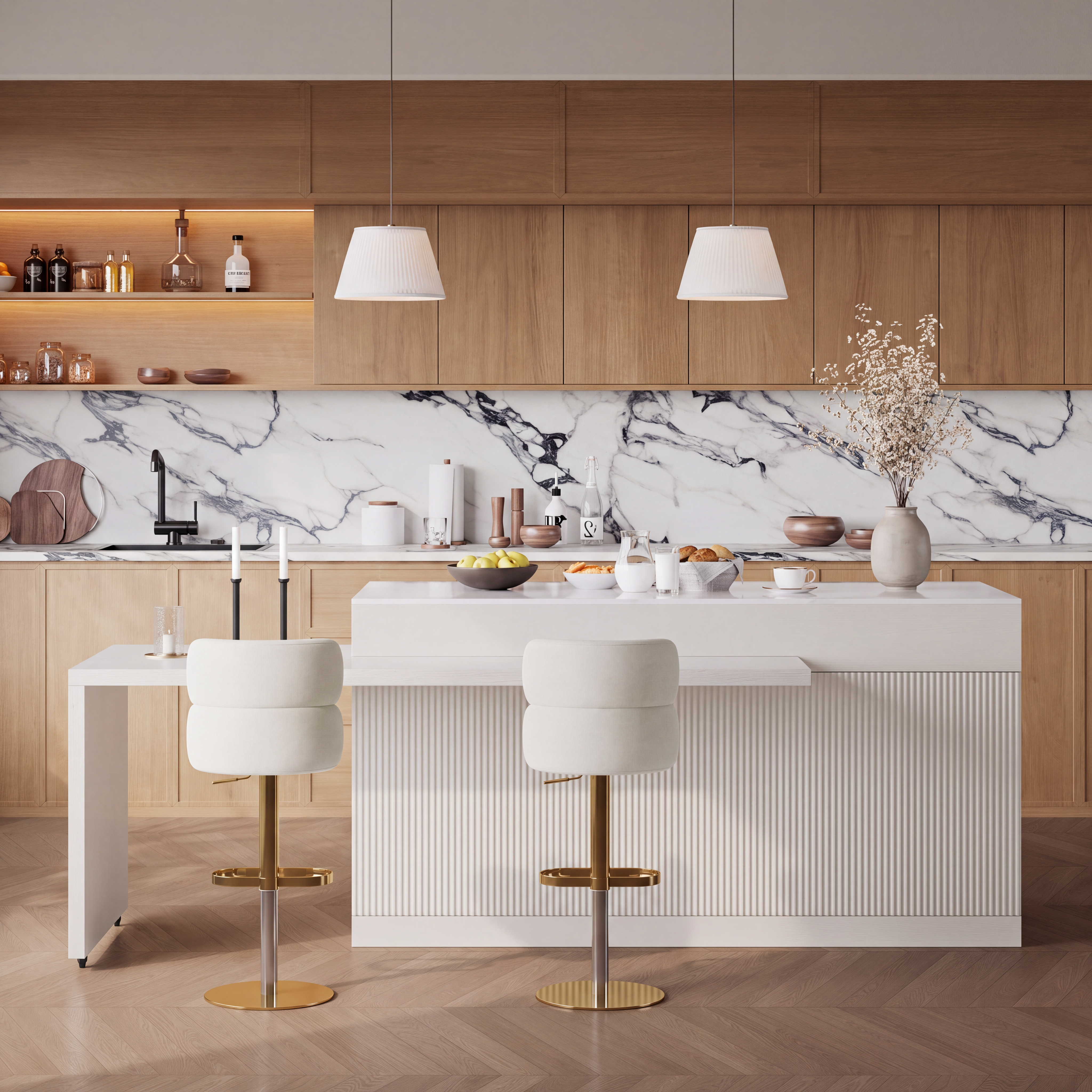 81''-270 cm Extendable Kitchen Island with Doors & Drawers White Sintered Stone Top