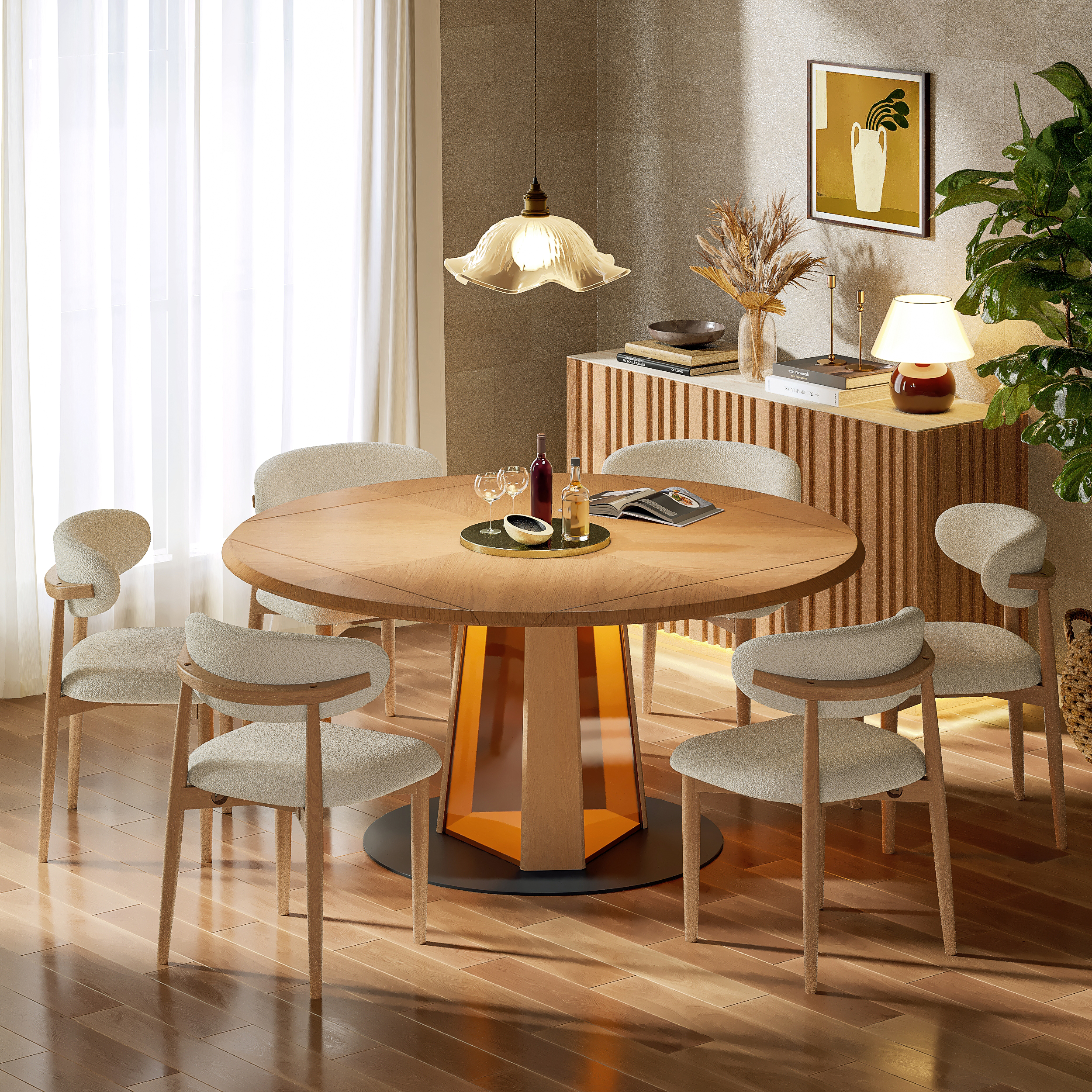 Mesa de comedor de madera natural extensible de 117-152 cm con luz LED, capacidad para 4-6 personas