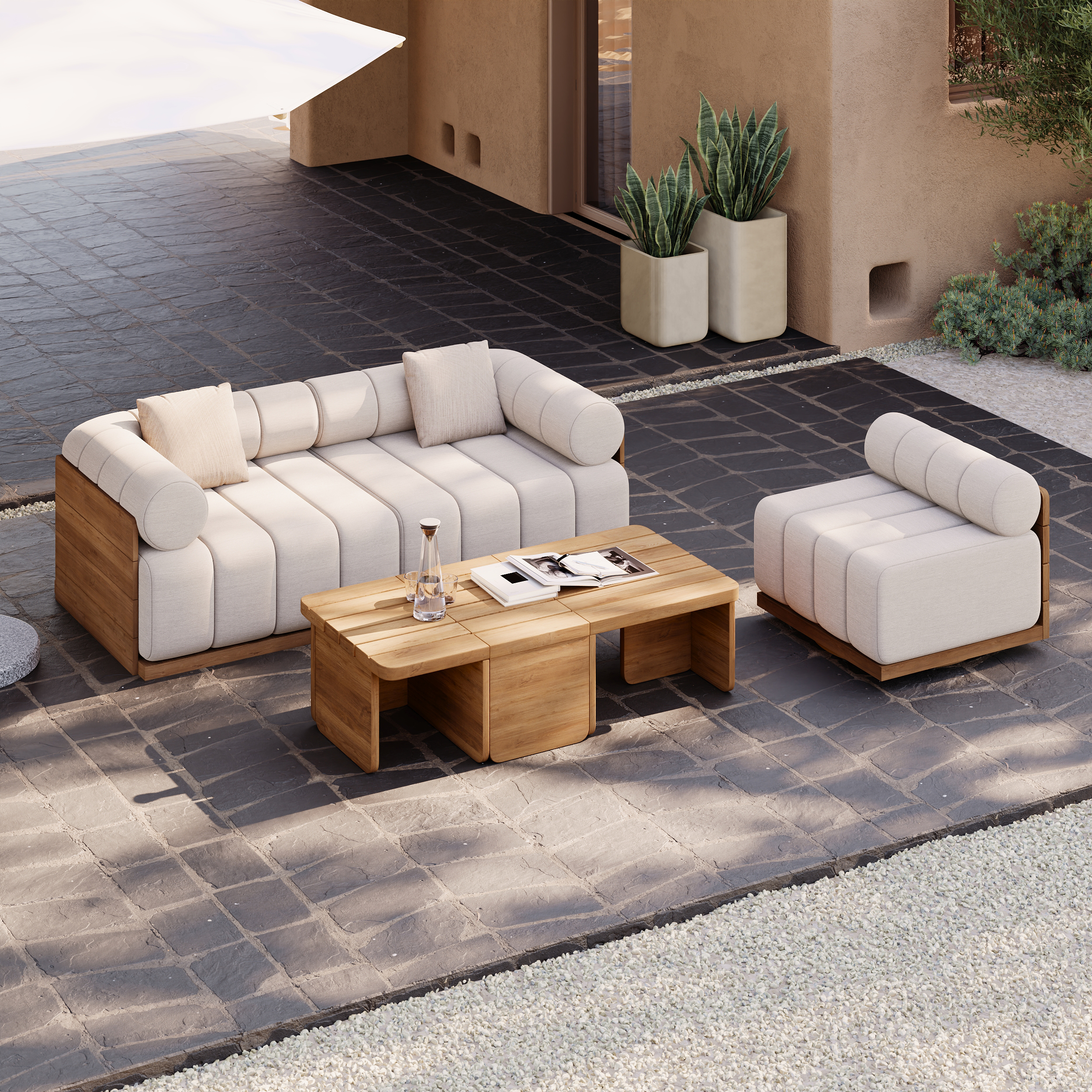 Juego de sofá seccional acanalado modular de teca natural para exteriores Resaro de 6 piezas