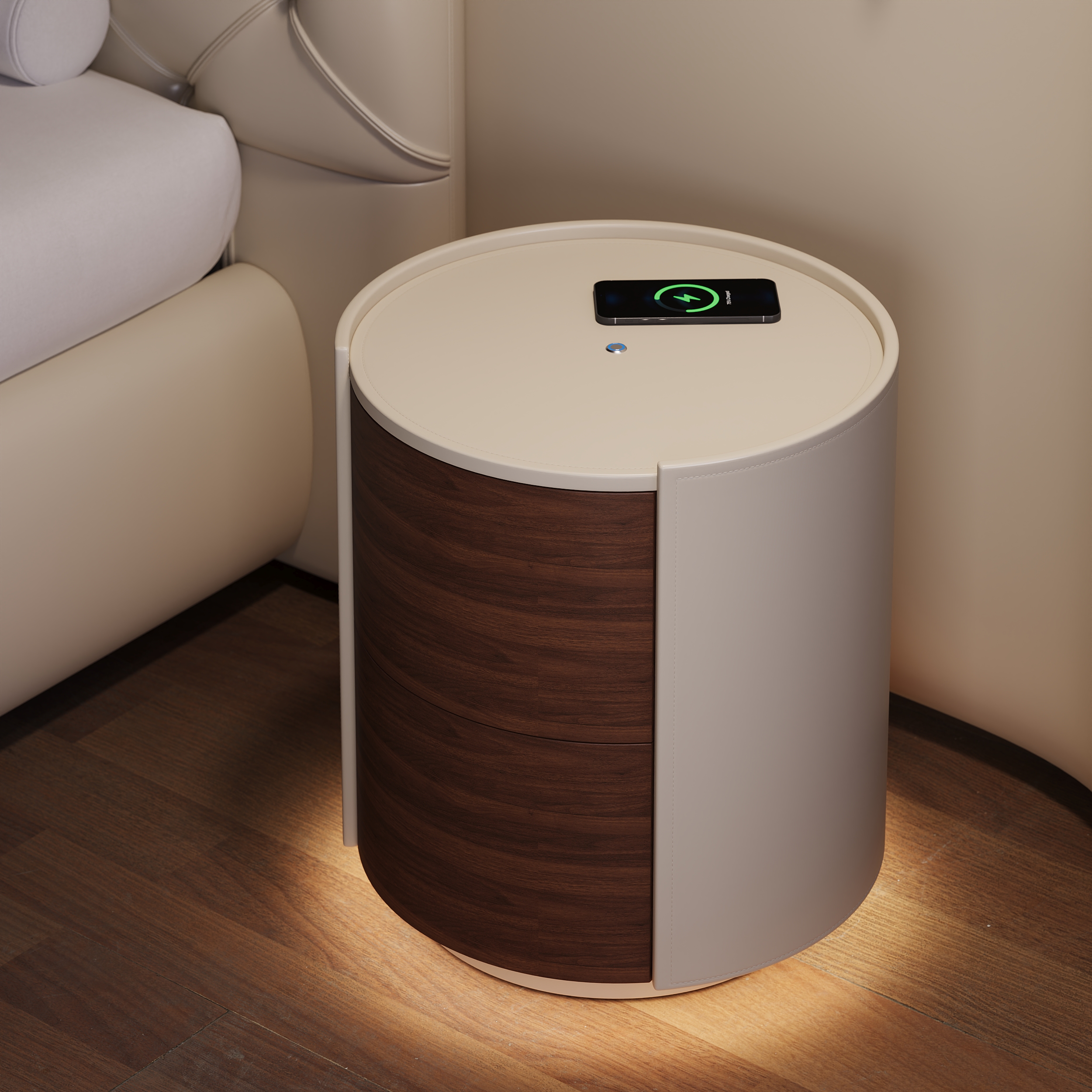 Modern Saddle Leather 2-Drawer Nightstand with Charging Station & Light