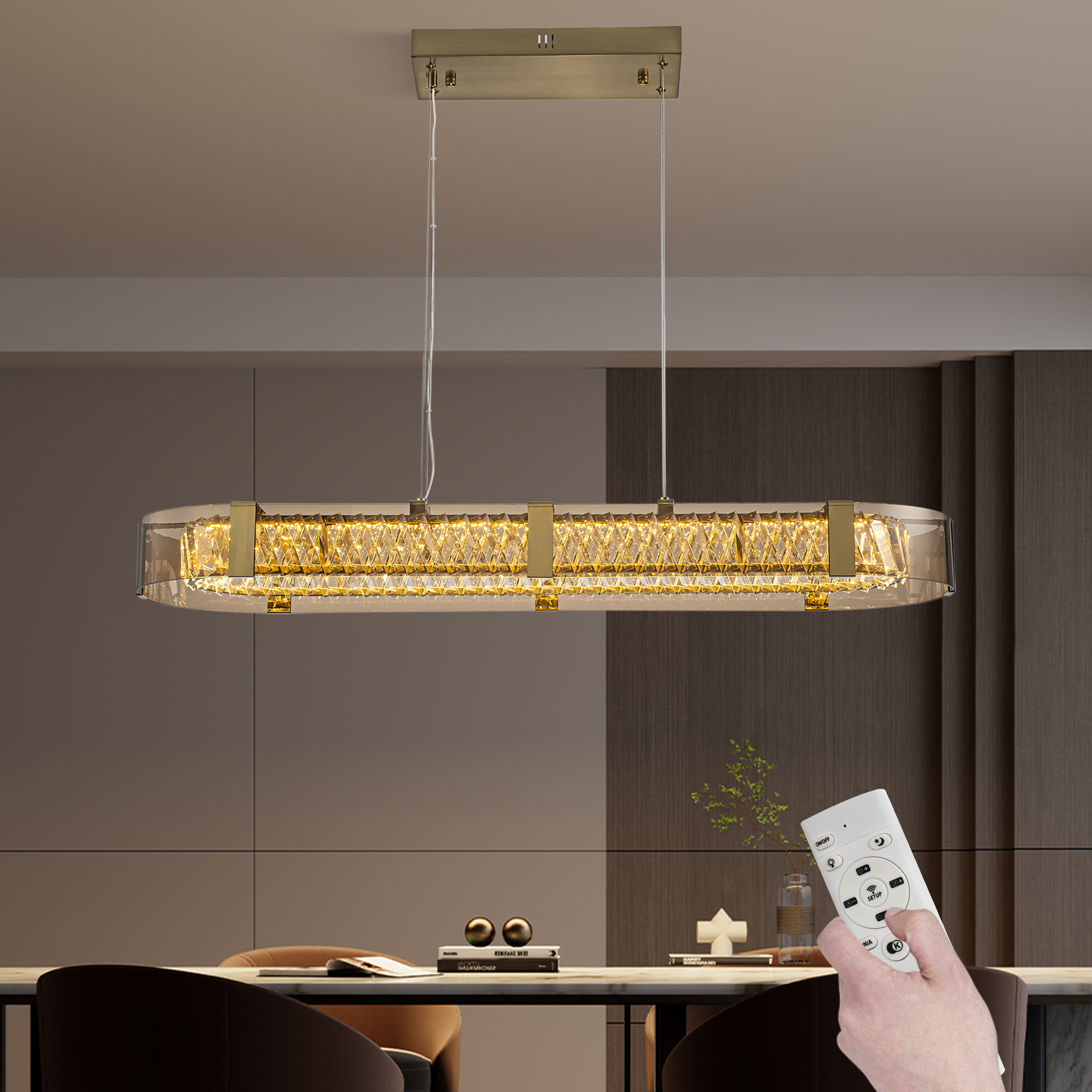 Linear Crystal Kitchen Island Pendant Light with Remote, 3-CCT Dimmable LED