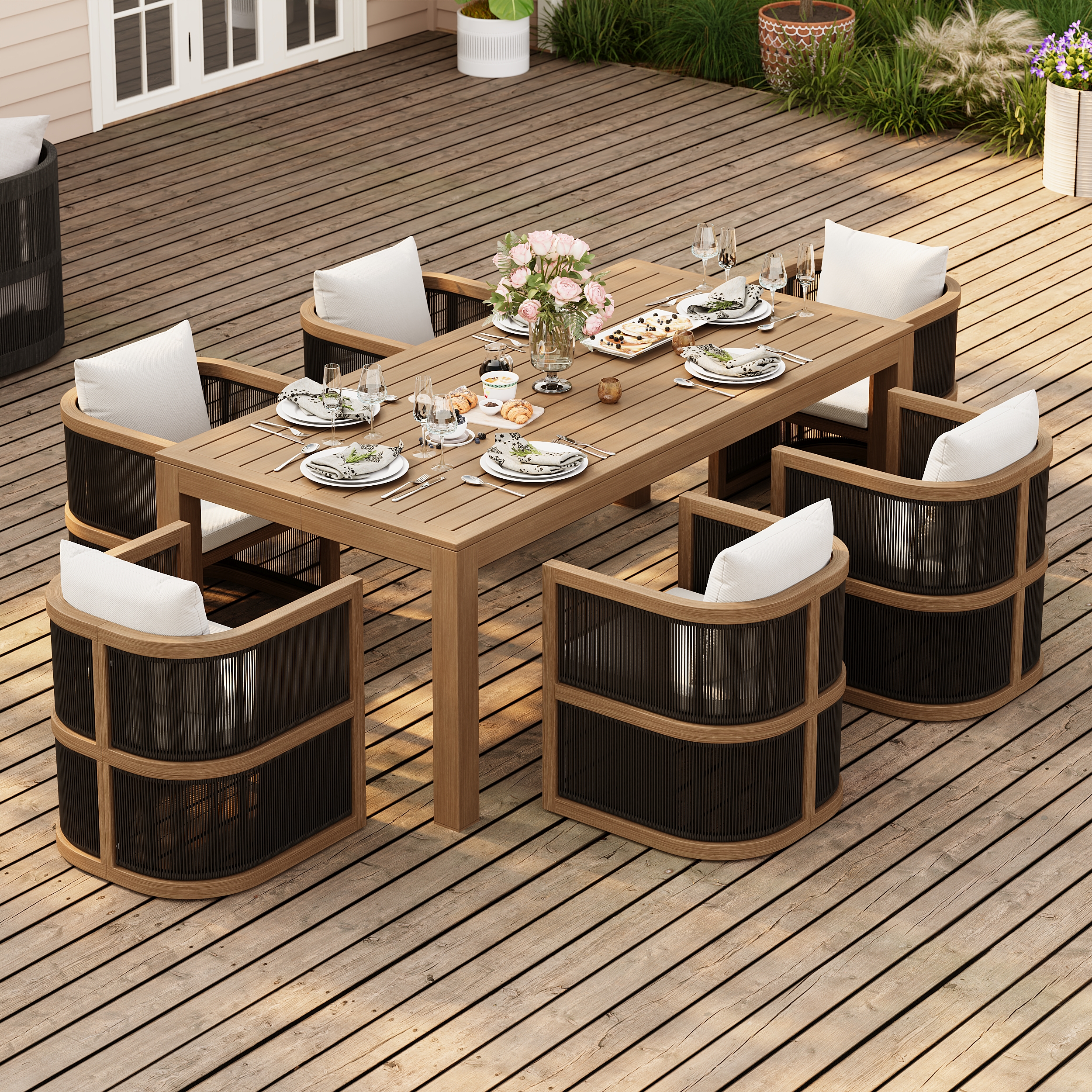 Wevara 7-Piece Outdoor Rope Weave Dining Set with 6 Chairs