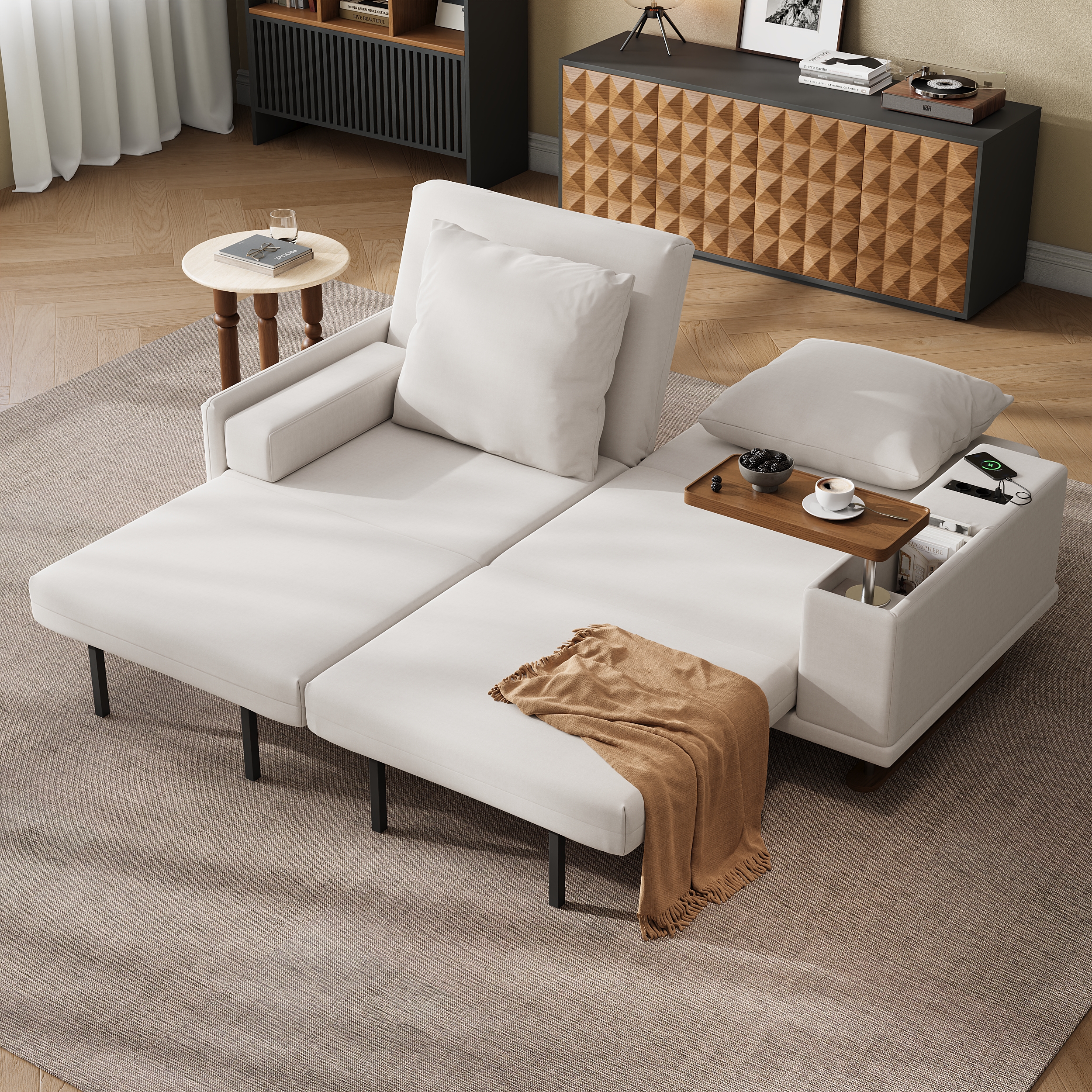 Sofá cama futón convertible de terciopelo de 2 plazas de 208 cm con mesa auxiliar