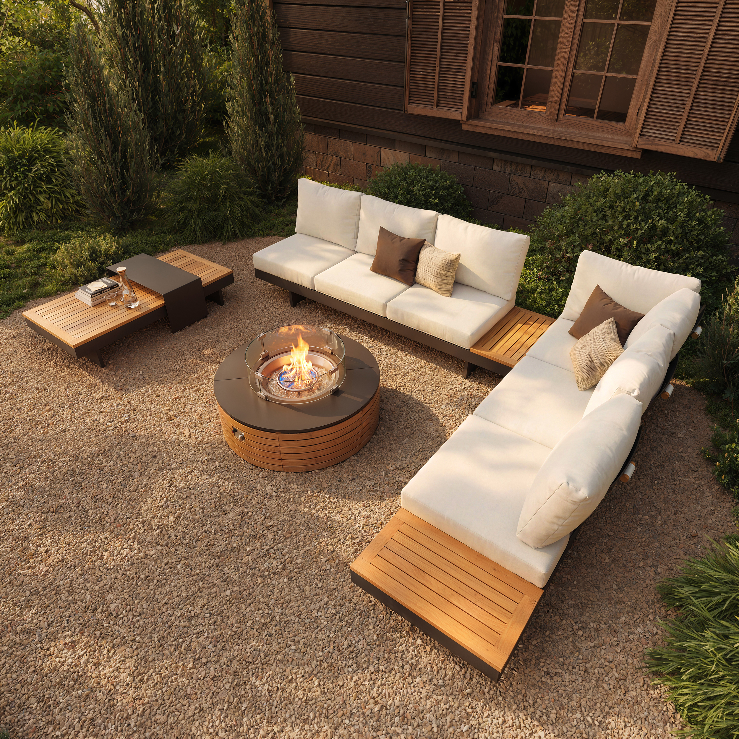 Tevara 39" 5-Pieces Modular Teak Outdoor Sofa Set with Smokeless Fire Pit for 6 Person