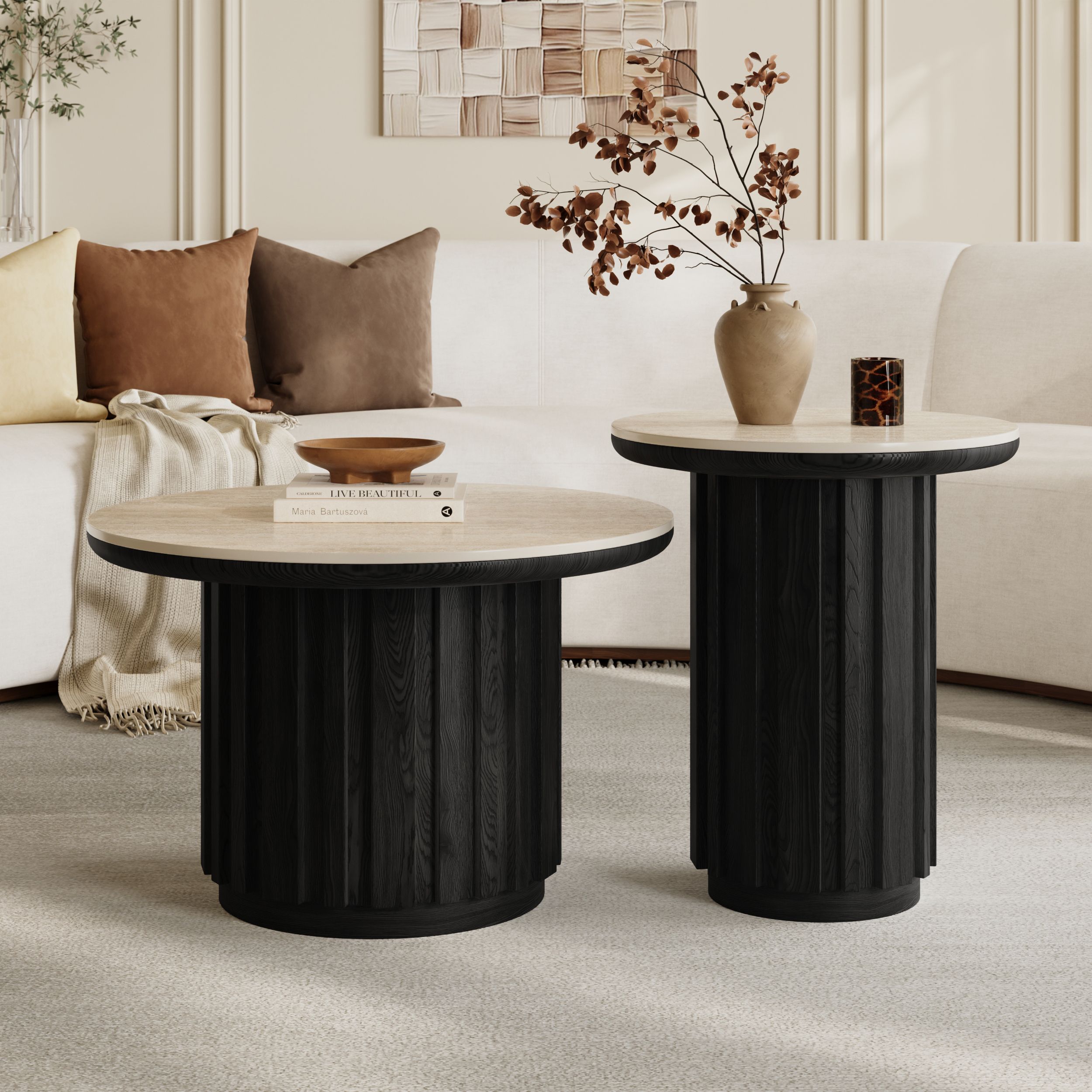 Set de 2 piezas Aura de mesa de centro redonda con listones de madera de fresno y superficie de piedra sinterizada