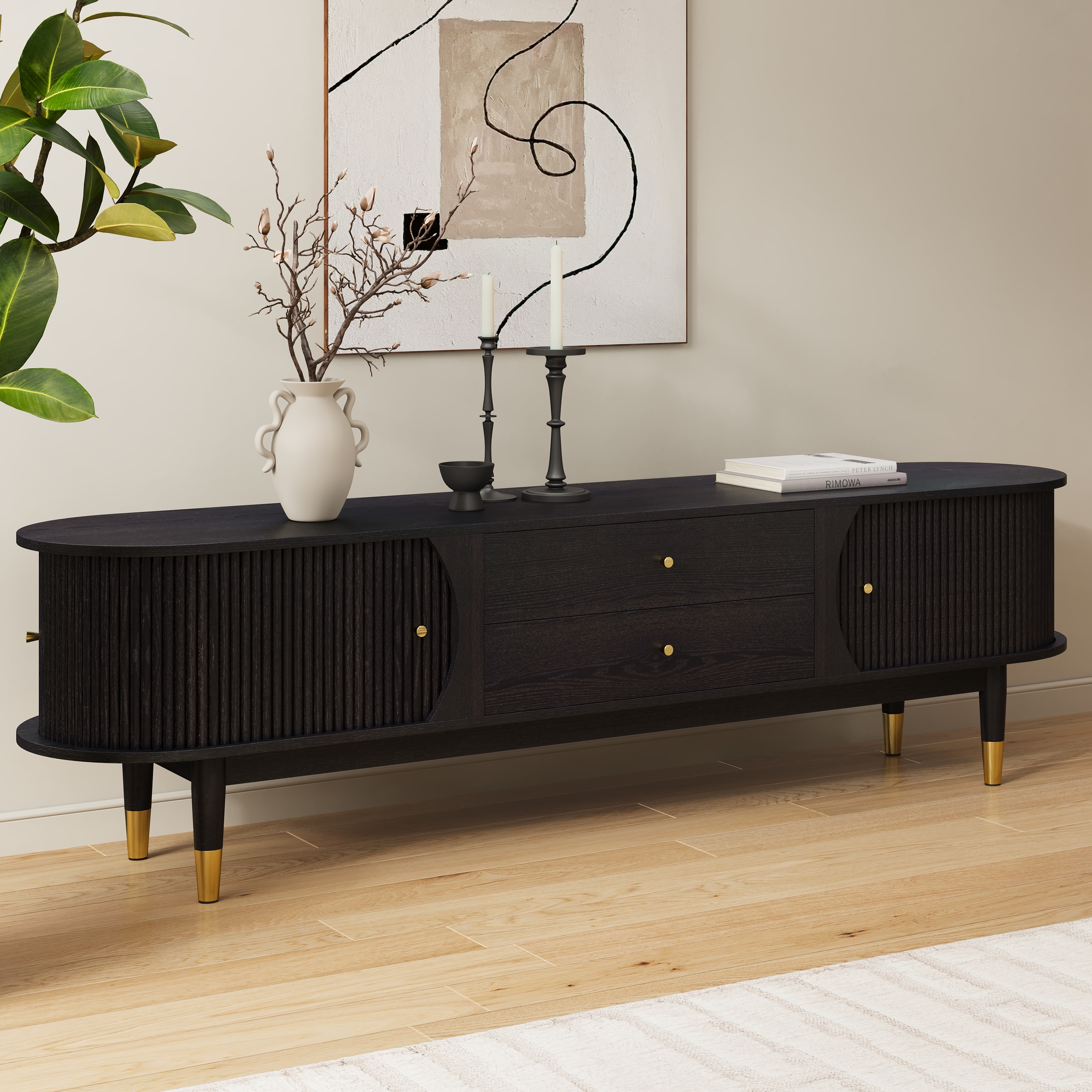 Mueble de TV negro estriado de madera de fresno de 80" con almacenamiento