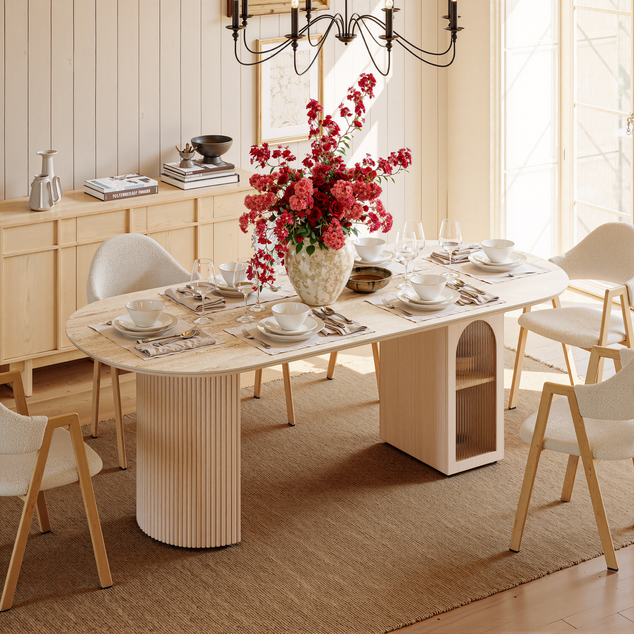 Mesa de comedor ovalada de travertino sintético de 180 cm con base estriada y almacenamiento