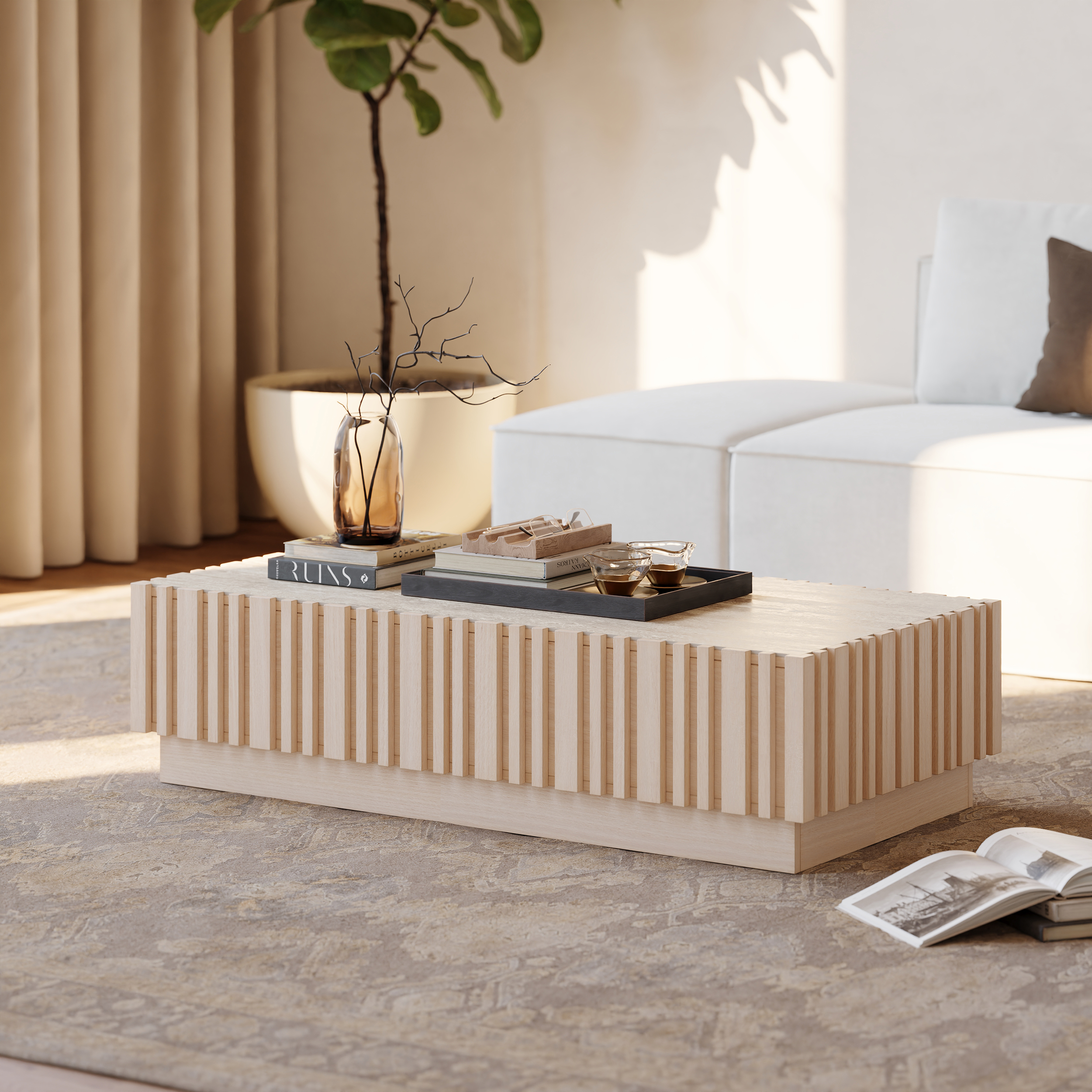Aura 47" Ash Wood Slatted Coffee Table with Sintered Stone Top-image-online-en-uk-55344
