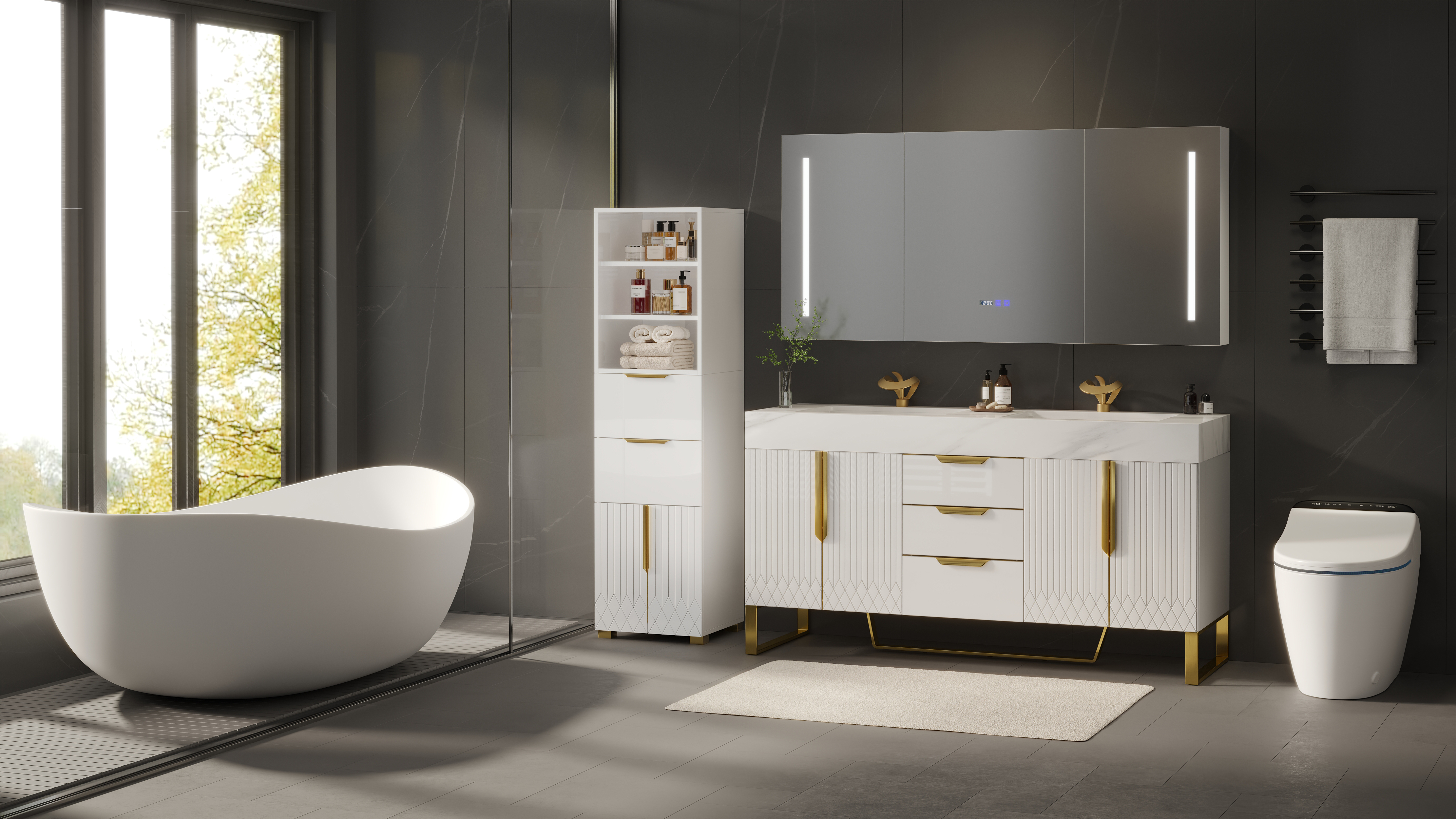 Ensemble meuble-lavabo double de salle de bain Aro 150cm et armoire de rangement de salle de bain 149cm image de vente