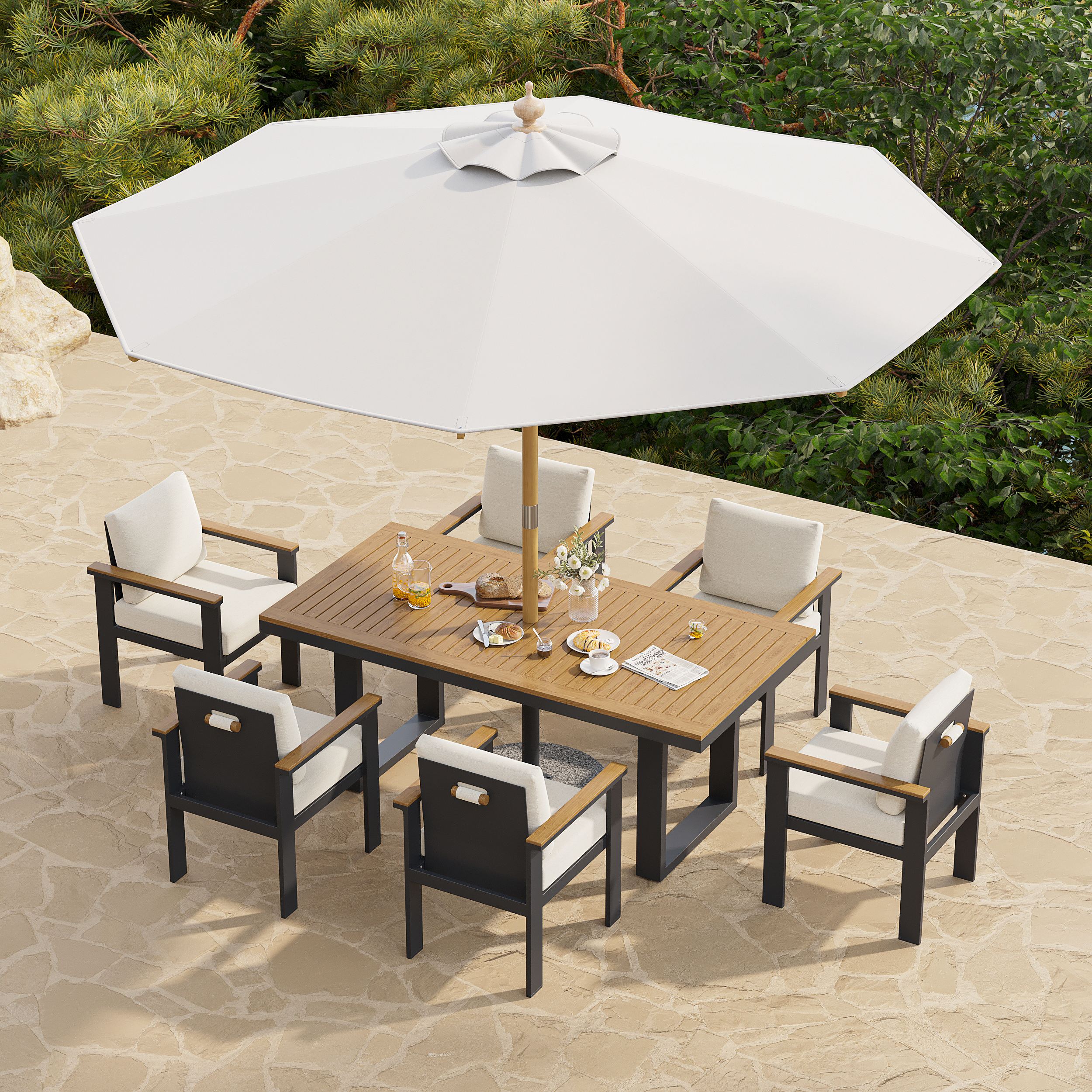 Tevara 8 Pieces Rectangle Wood & Aluminum Outdoor Dining Set with Pillar Umbrella