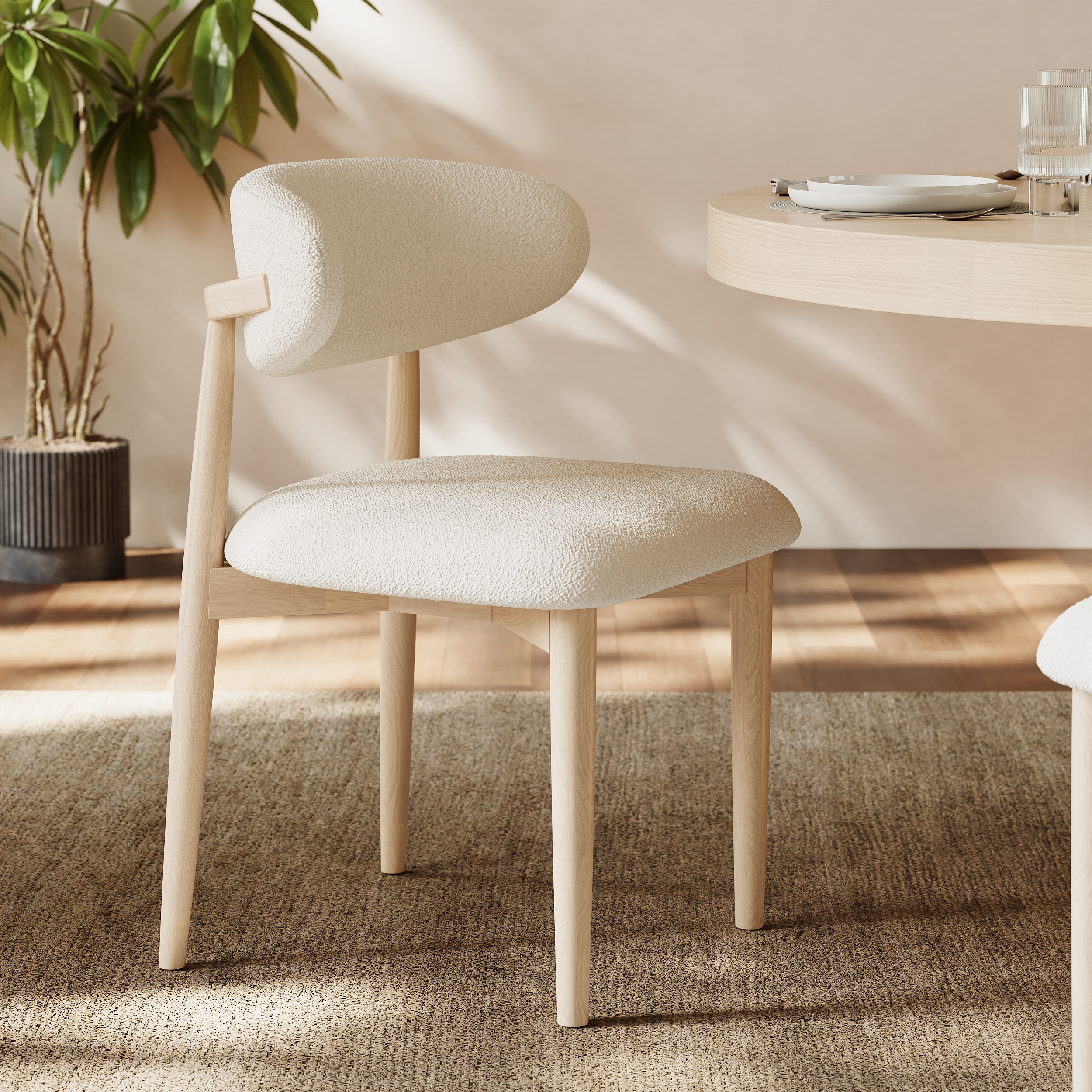 Silla de comedor moderna de bouclé con patas de madera de caucho, 1 pieza