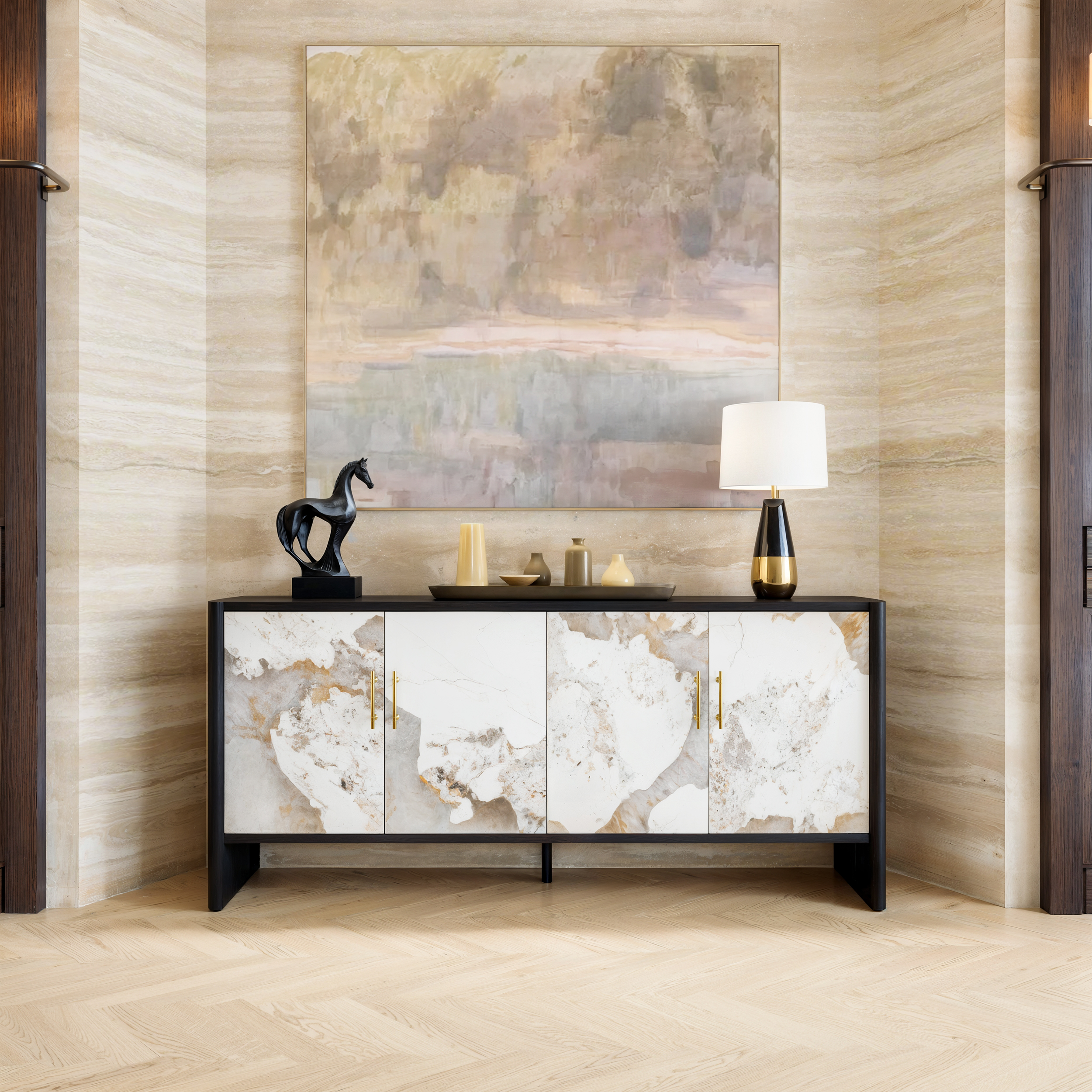 Modernes 72 Zoll Sideboard aus gesintertem Stein mit Eichenholzrahmen und verstellbaren Einlegeböden