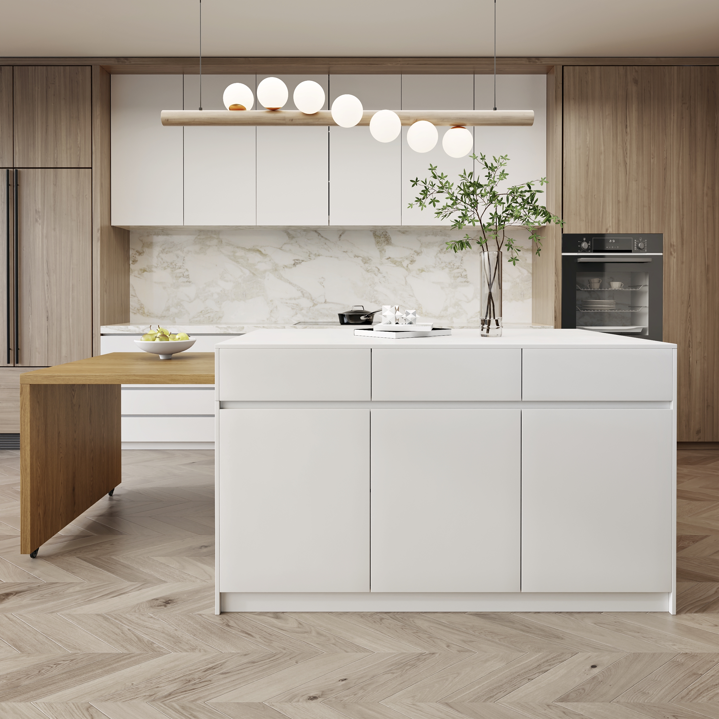 Finition:Blanc Et Naturel | Orientation:Orienté Vers La Droite | Finition Du Plateau Supérieur:Bois D'ingénierie | Taille:L 205 - 268 × P 90 cm