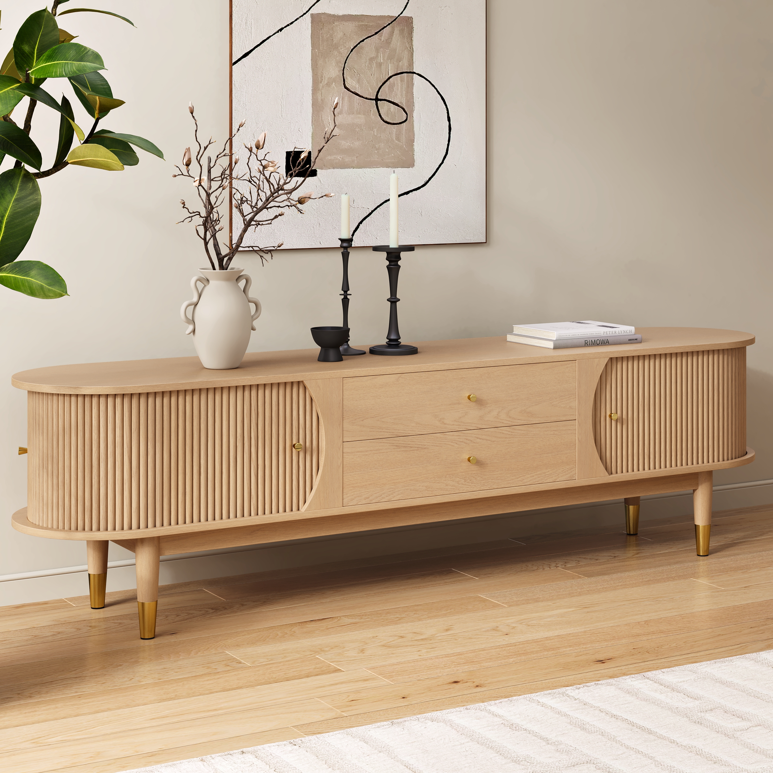 Mueble de TV estriado natural de madera de fresno de 80 pulgadas con almacenamiento