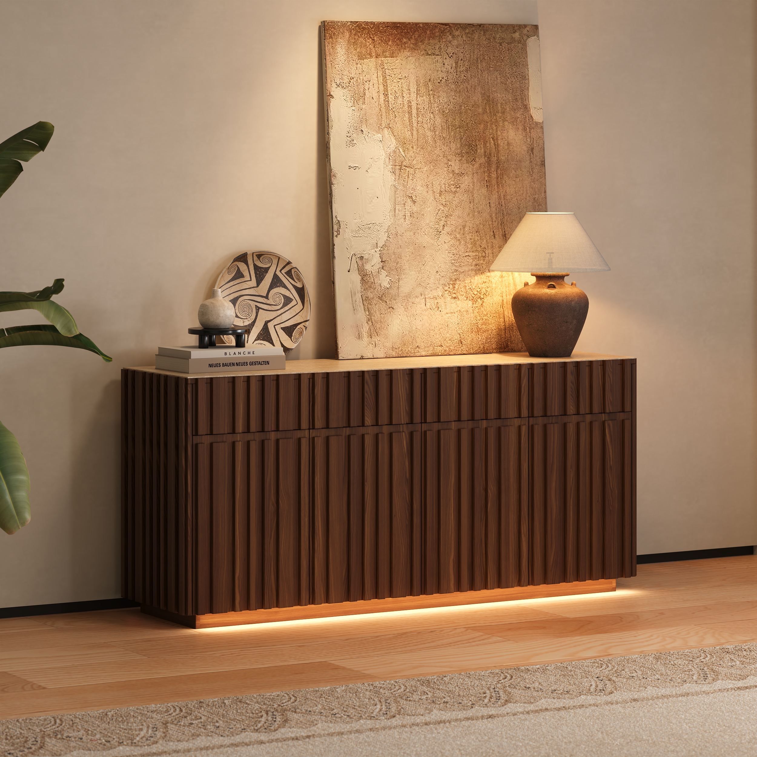 Mueble de TV Aura de 65" de madera de fresno con listones de nogal y cubierta de piedra sinterizada