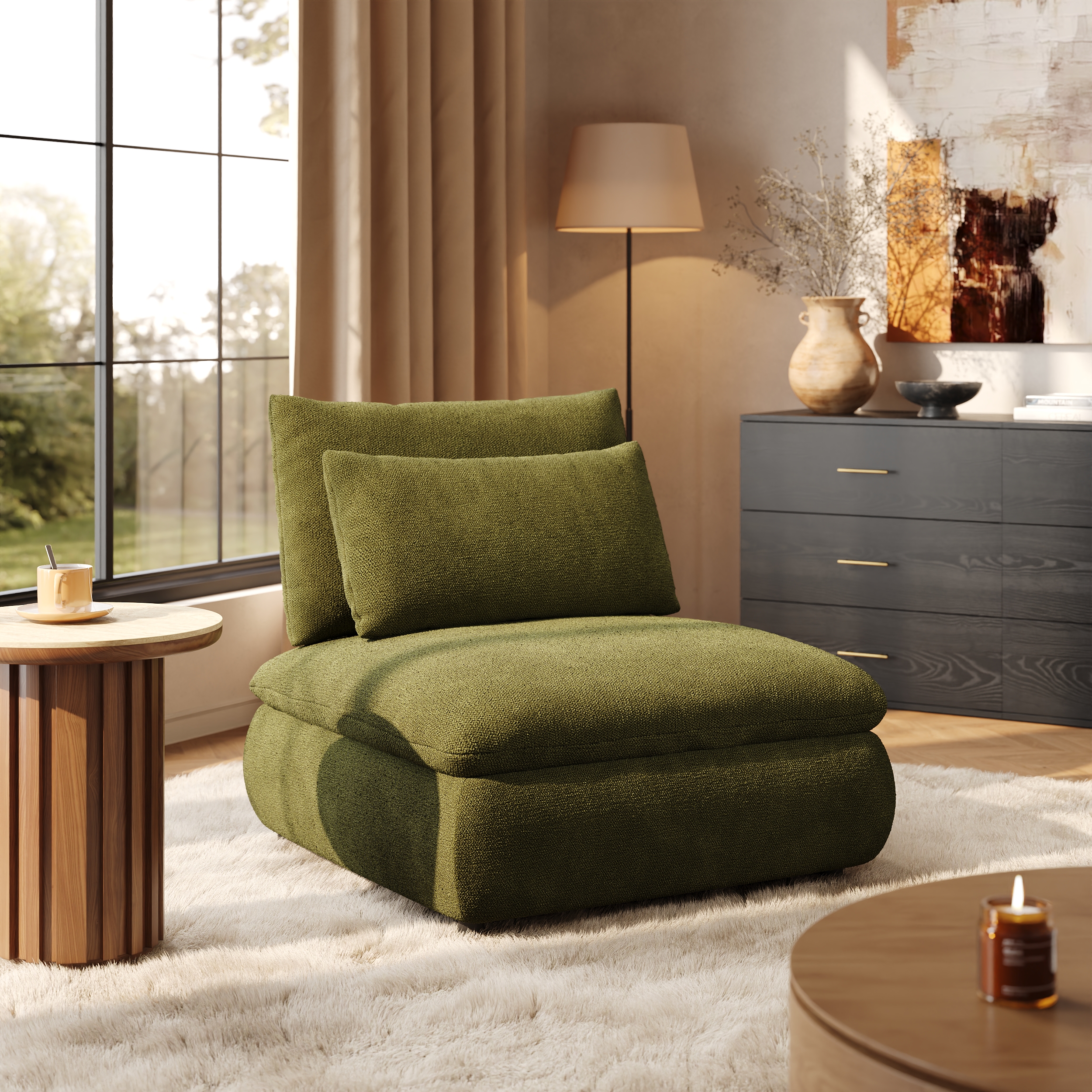Sillón decorativo moderno Homary de 91 cm de chenilla con almacenamiento oculto y respaldo extraíble