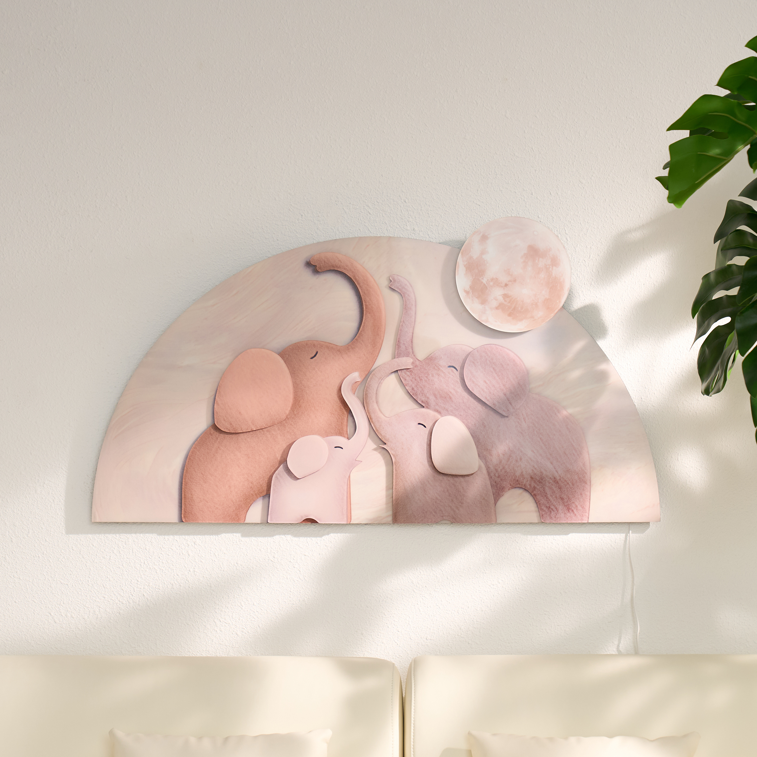 Escultura de pared de luna de elefante acrílico 3D con LED arqueado de 56 cm x 99 cm, decoración artística para sala de estar, dormitorio, guardería, regulable