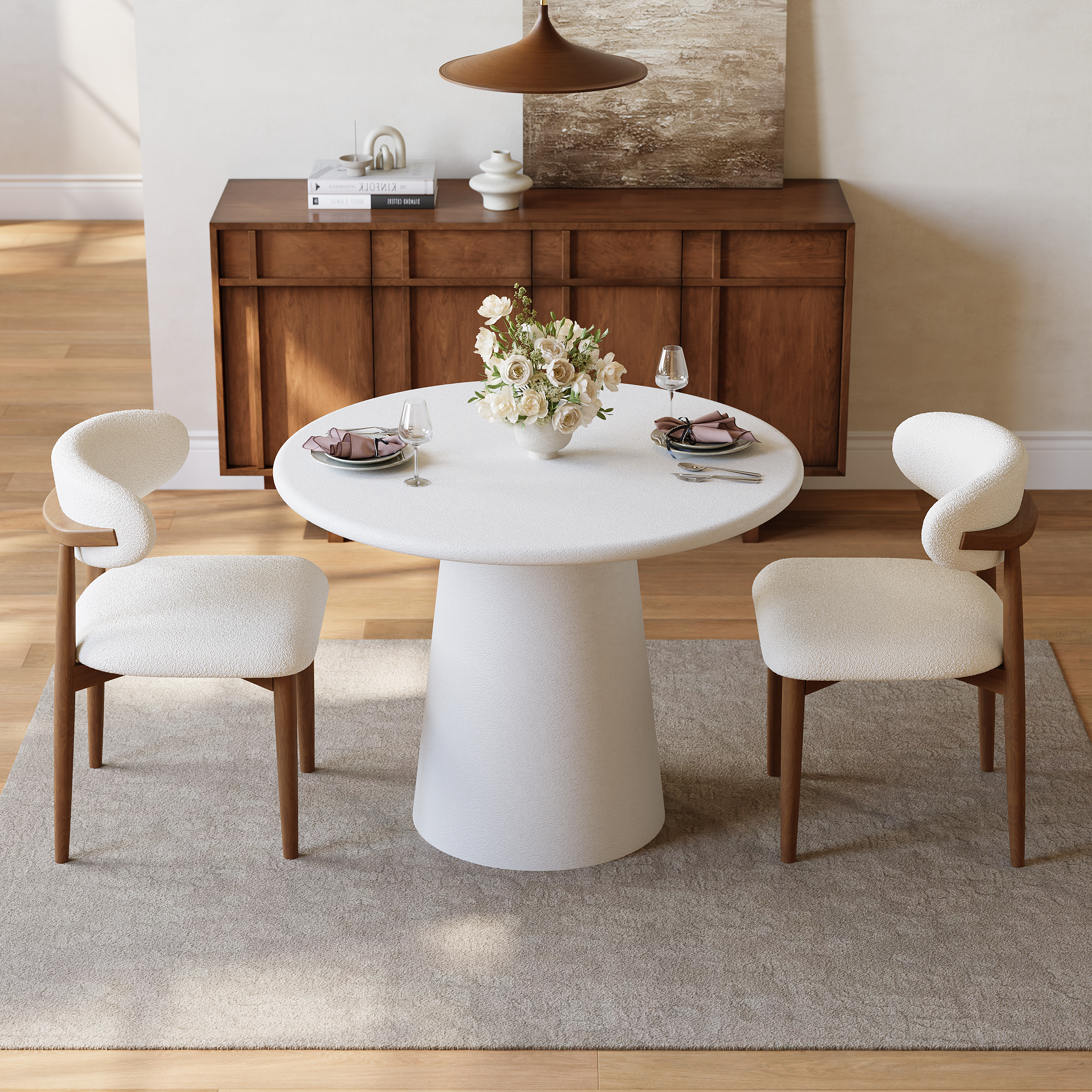 Mesa de comedor redonda moderna de fibra de vidrio de 81 cm con base de pedestal escultural, capacidad para 2 personas