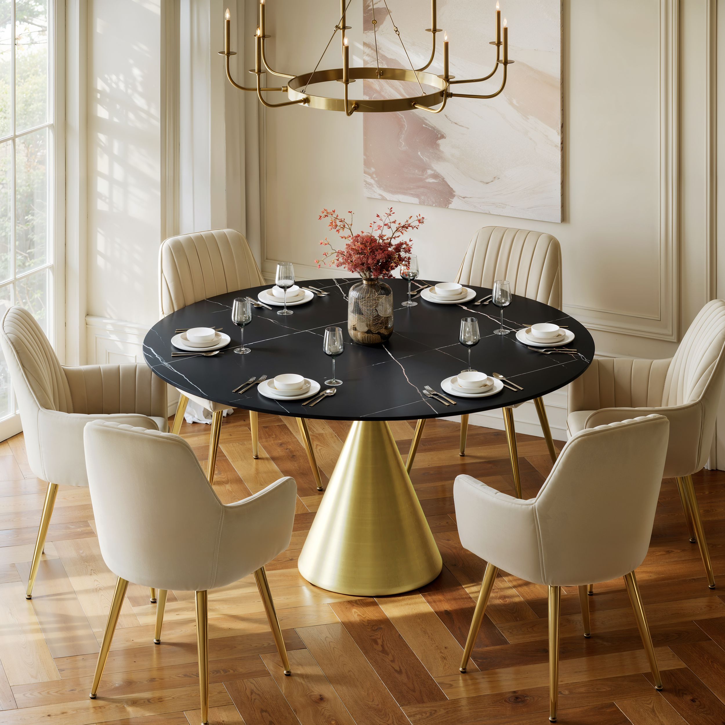 Mesa de comedor redonda de piedra sinterizada mate de 152 cm con base de pedestal de metal dorado