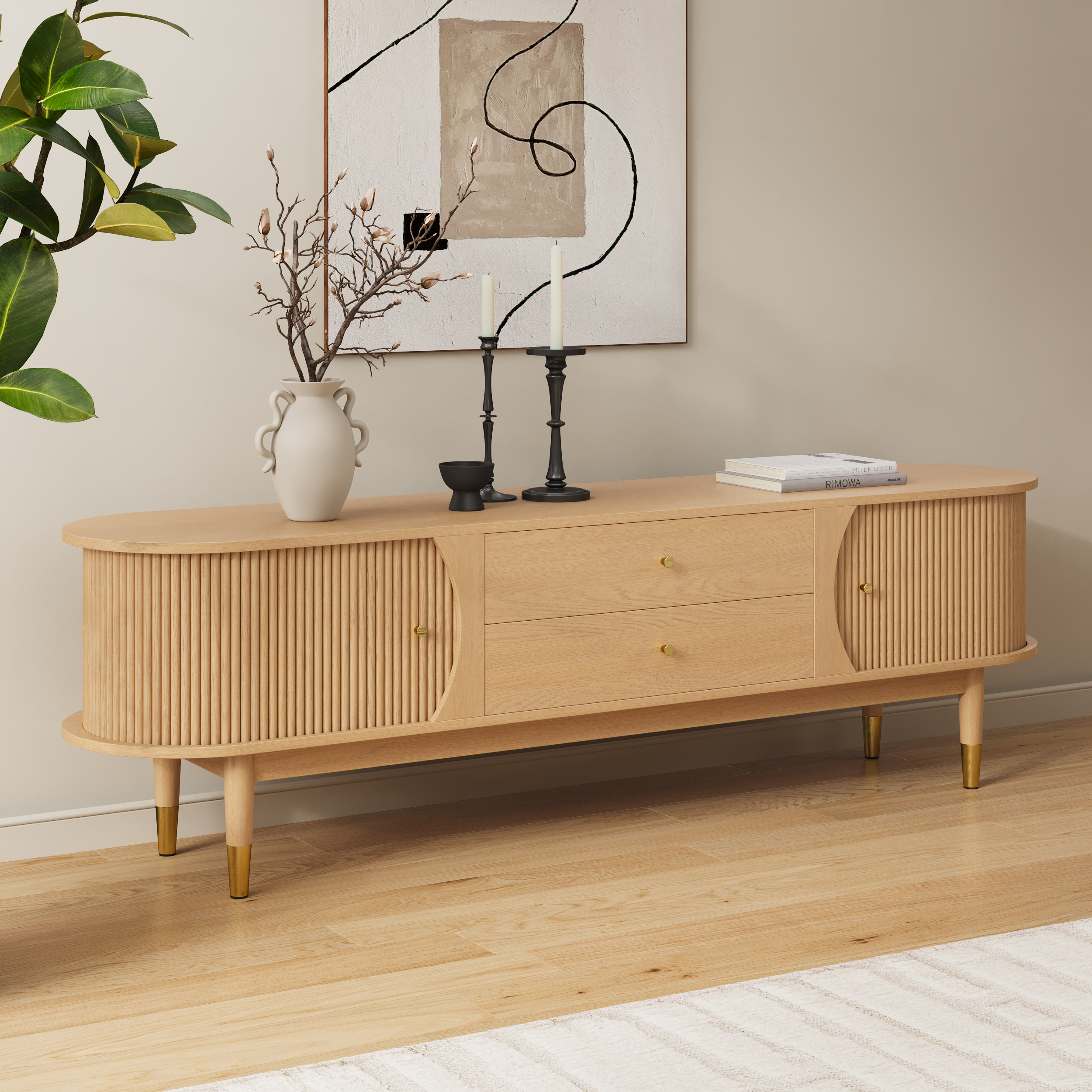 Mueble para TV de madera de fresno estriada de 72" con almacenamiento