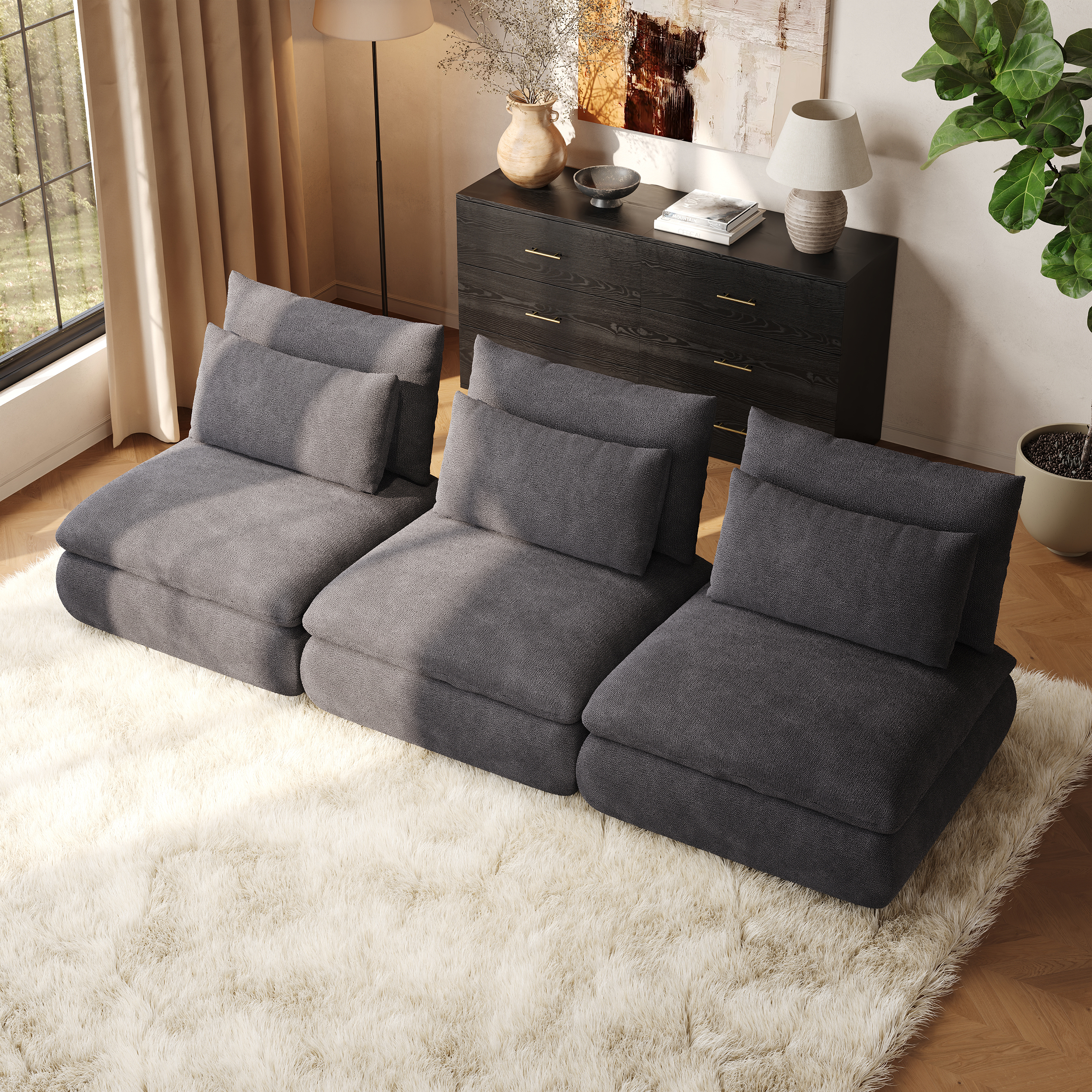 108" 3-teiliges hellgraues Chenille-Modulsofa mit verstecktem Stauraum