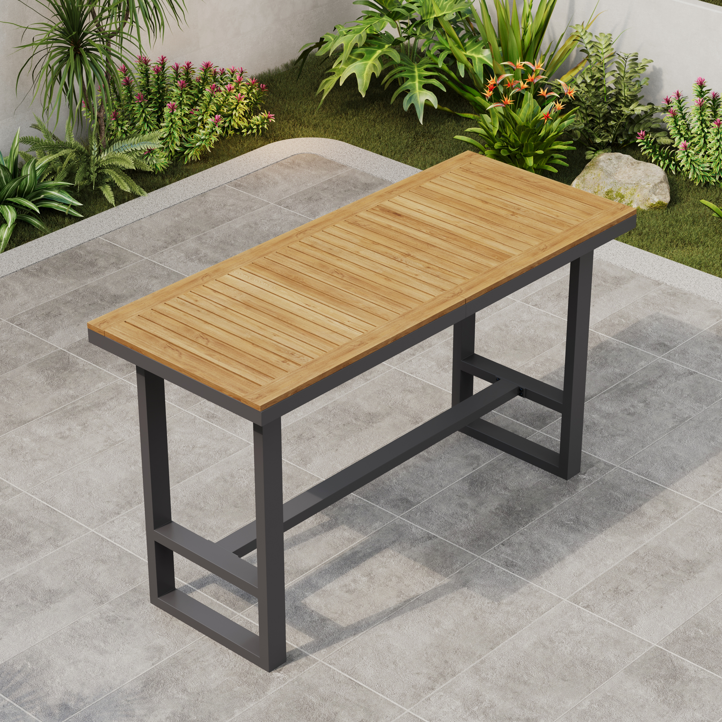 Tevara Outdoor Teakholz-Lattenplatte & Dunkelgrauer Aluminiumrahmen Bartisch für die Terrasse