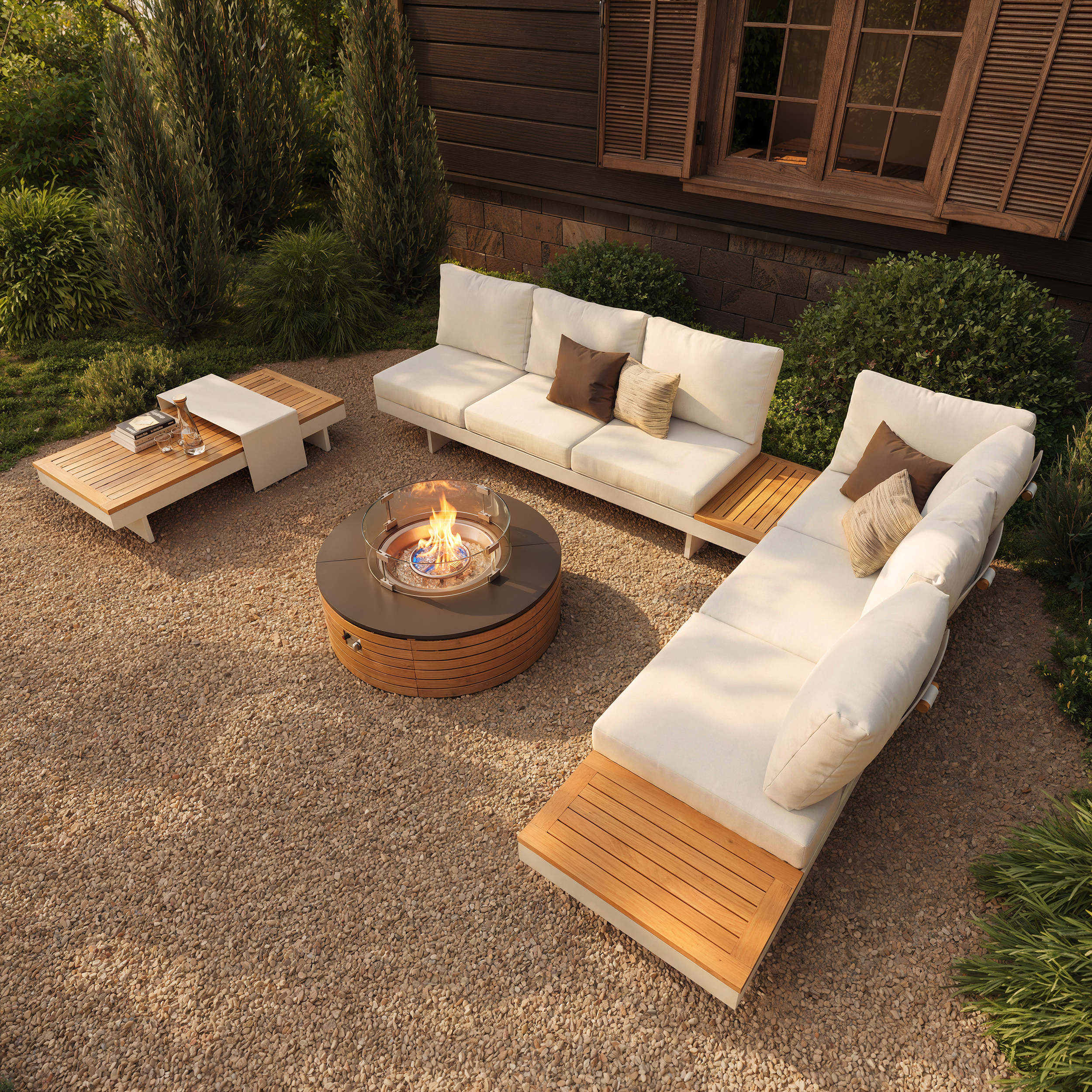 Tevara 39" 5-Pieces Modular Teak Outdoor Sofa Set with Smokeless Fire Pit for 6 Person