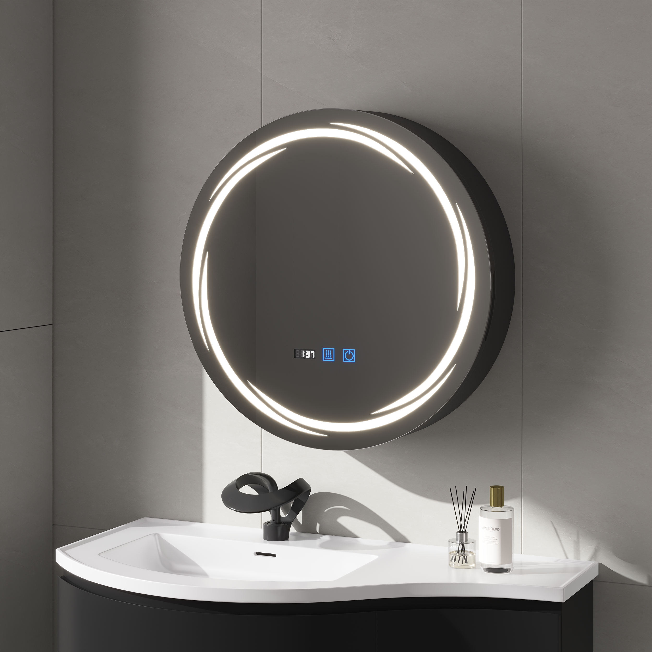 60cm Runder Schwarzer LED-Spiegelschrank mit Stauraum, Anti-Beschlag, Dimmbar