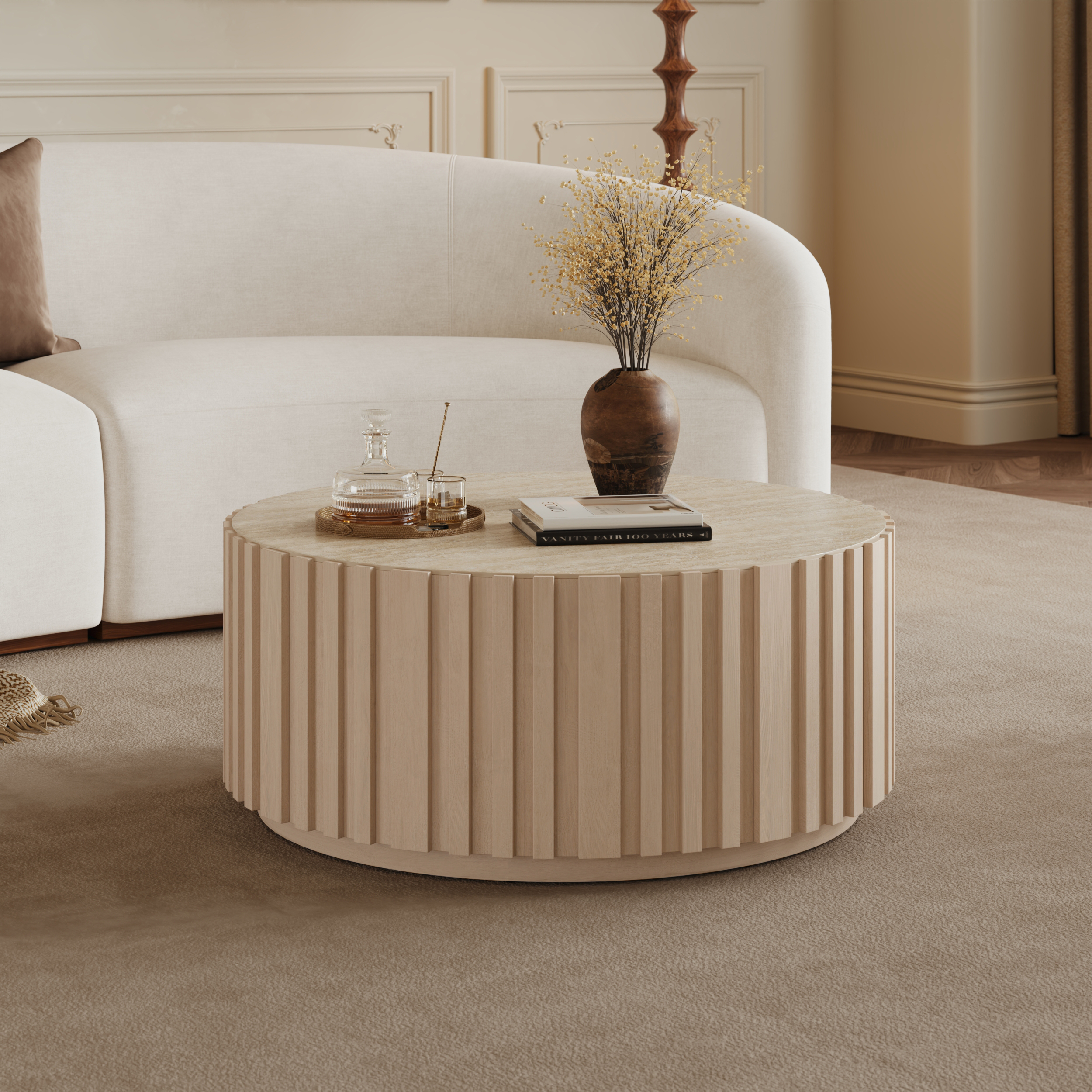Mesa de centro redonda Aura de 35" con listones de madera de fresno y cubierta de piedra sinterizada